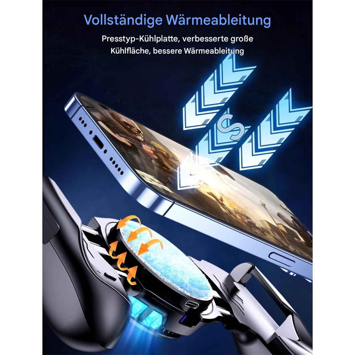 Ein Gerät kühlt ein Telefon und zeigt Wärmeübertragung mit Pfeilen und Text zur Wärmeableitung.