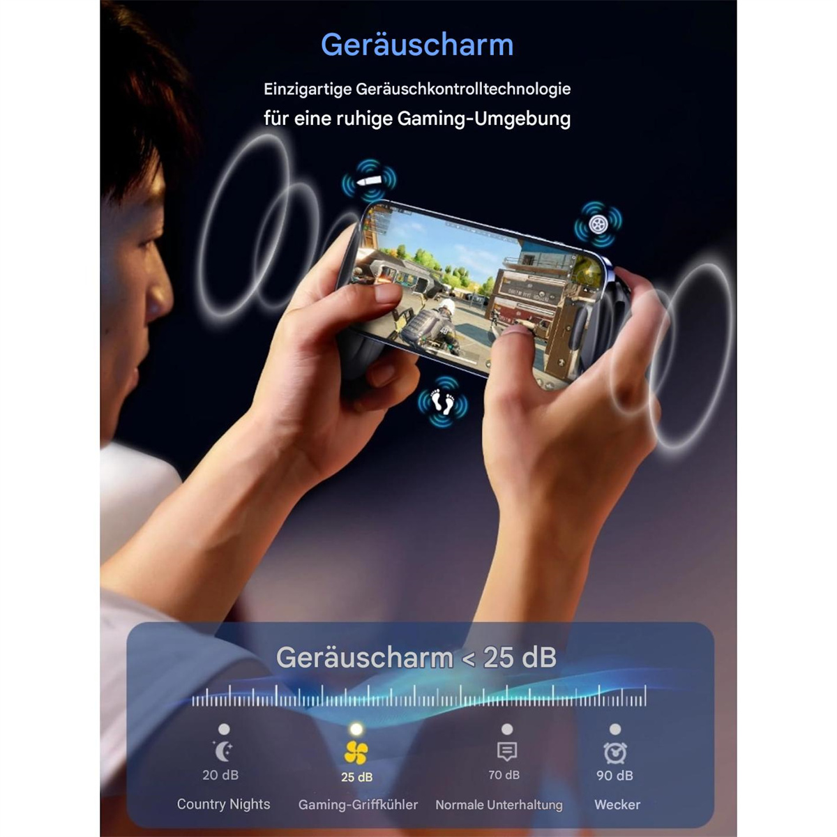 Ein Mann, der ein Telefon vor seinem Gesicht hält, mit einer Grafik, die Dezibelwerte zeigt.