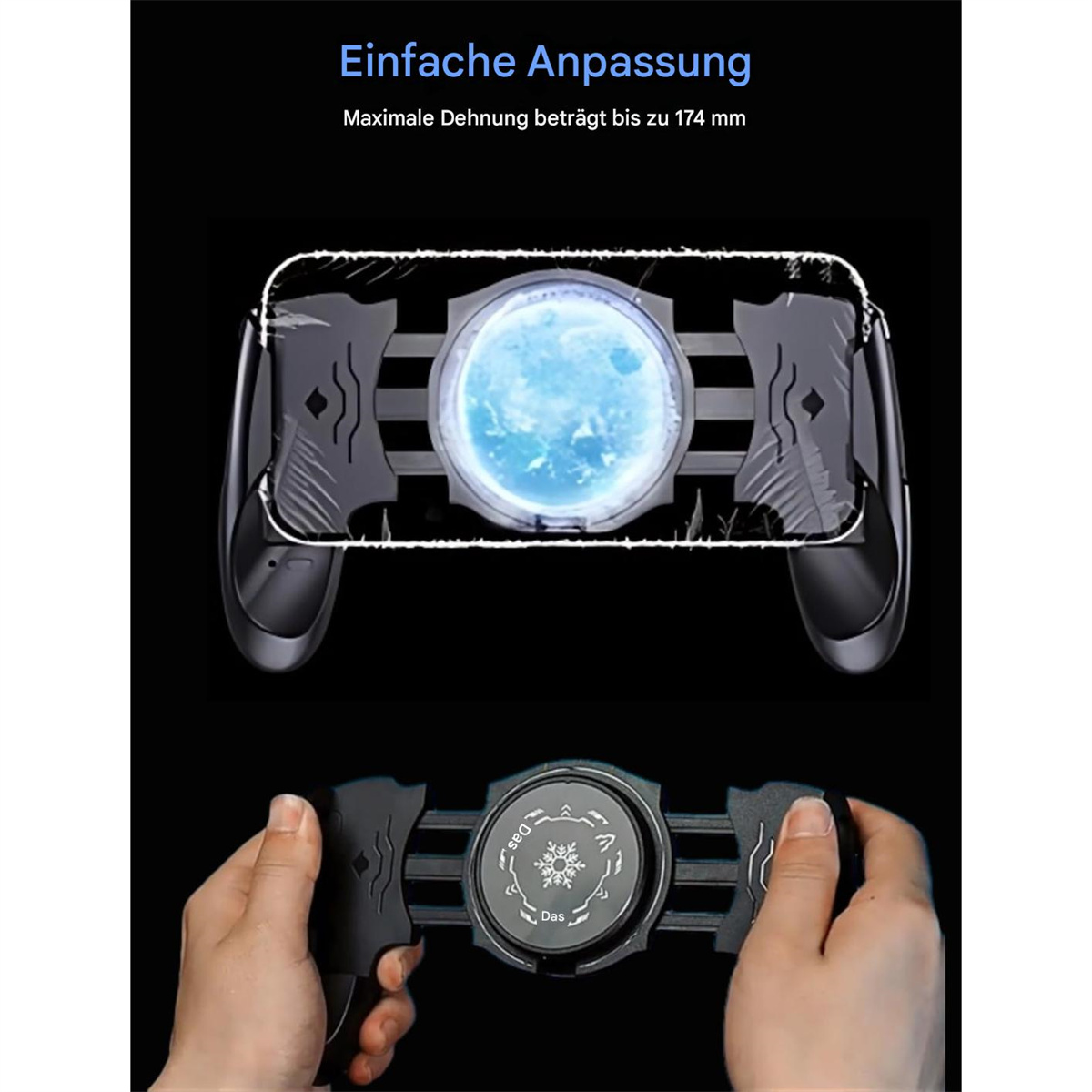 Hände halten einen schwarzen Gamecontroller mit befestigtem Telefon, zeigen einen Kühleffekt.