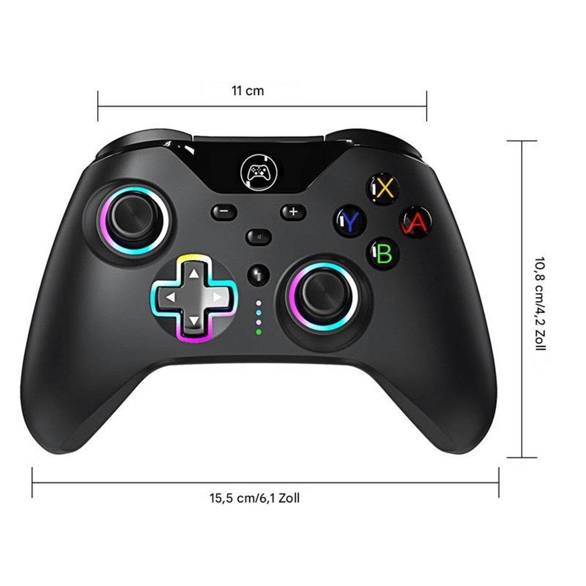 Schwarzer Gamecontroller mit bunten Knöpfen und Maßangaben.