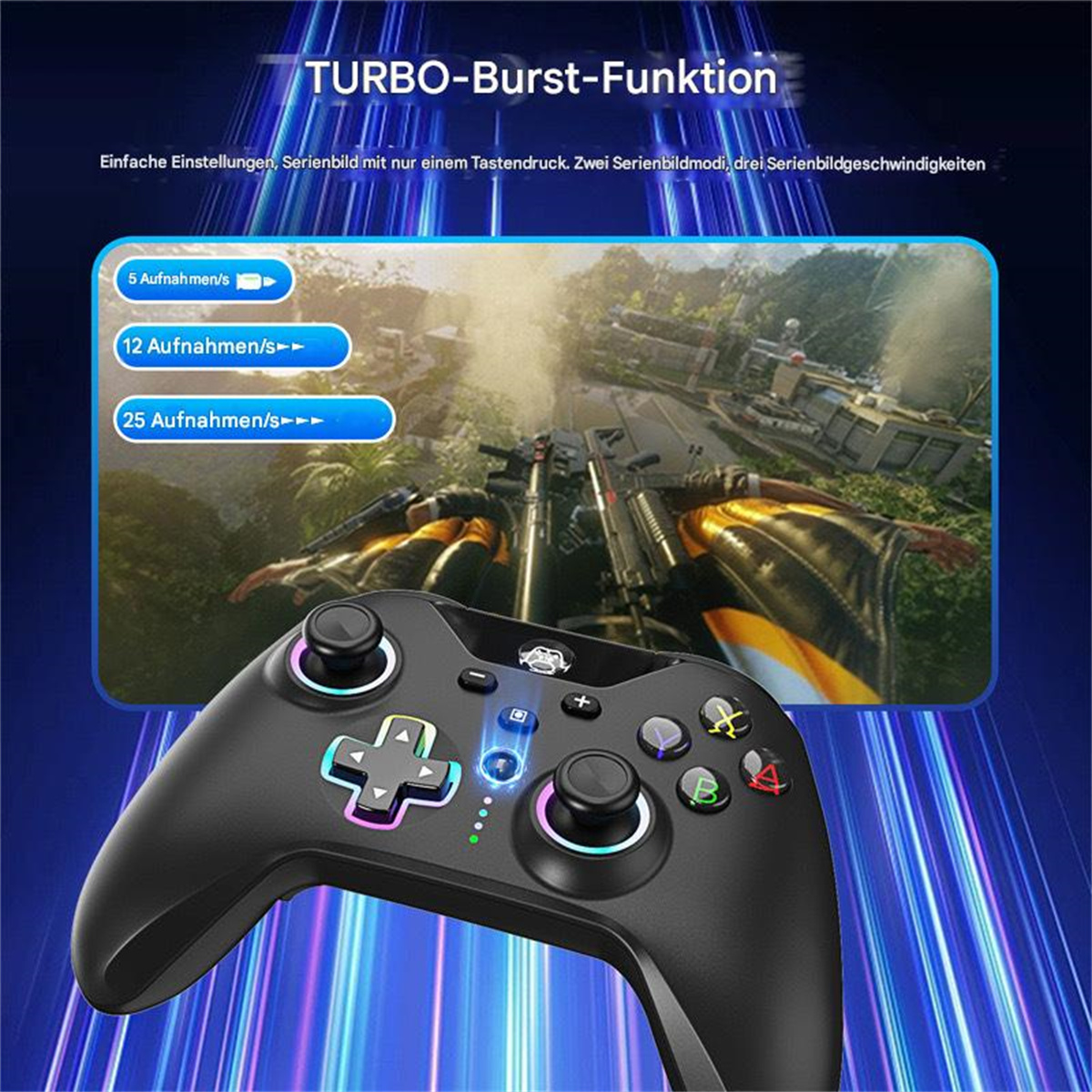 Schwarzer Gamecontroller mit bunten Knöpfen und Display.