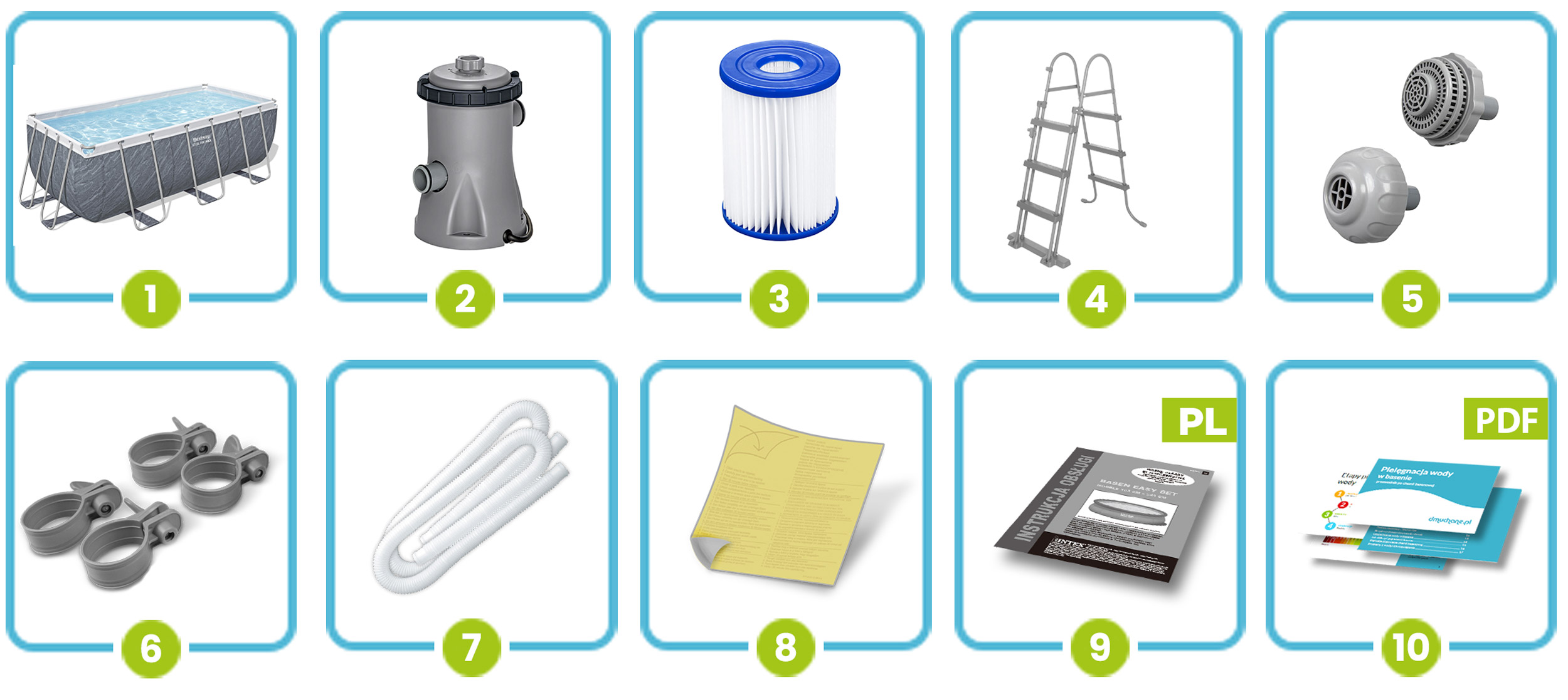 Dziesięć ponumerowanych obrazów elementów basenu. Obejmują one basen, filtr, drabinę i inne akcesoria.