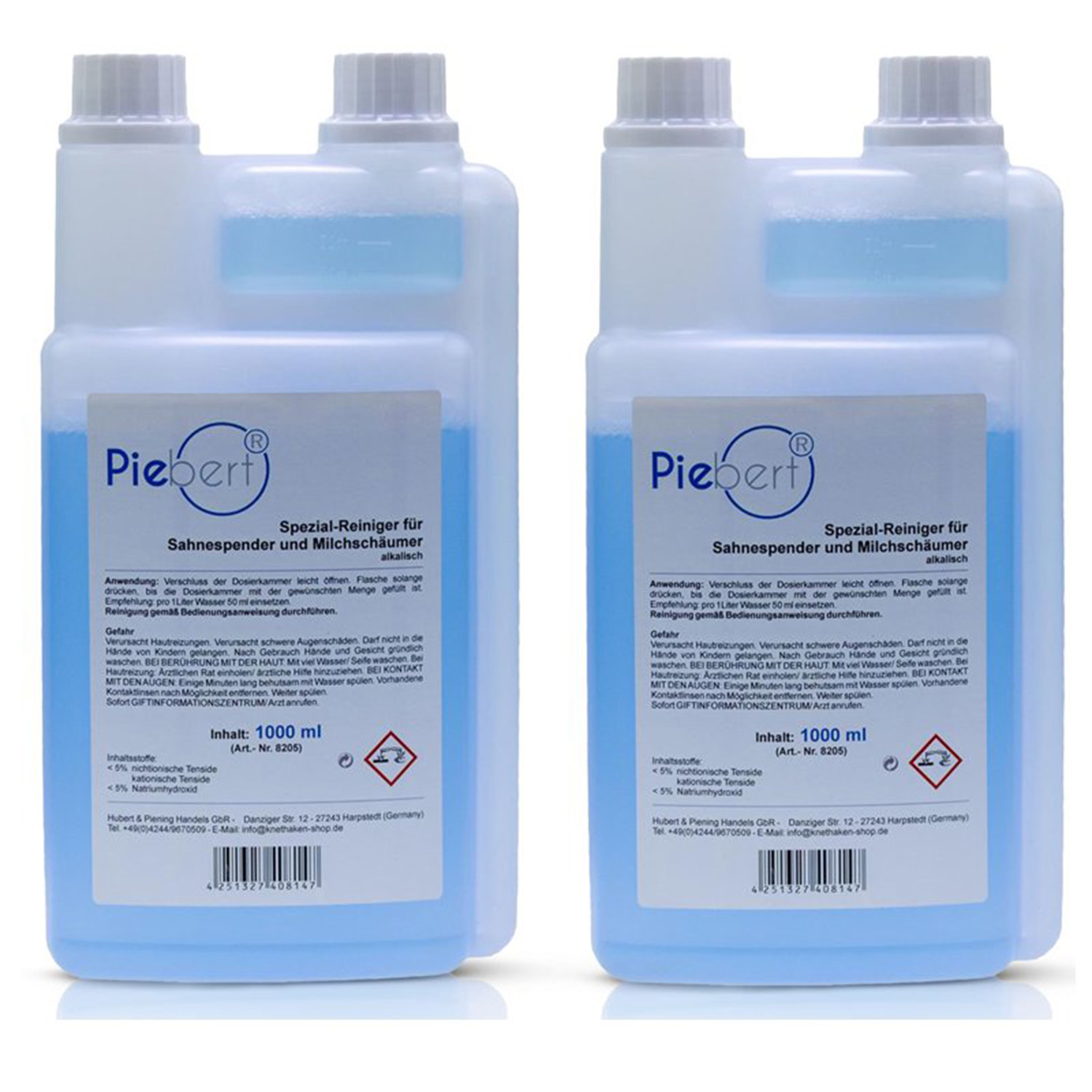 Zwei Flaschen Reinigungslösung mit blauer Flüssigkeit und weißen Etiketten.