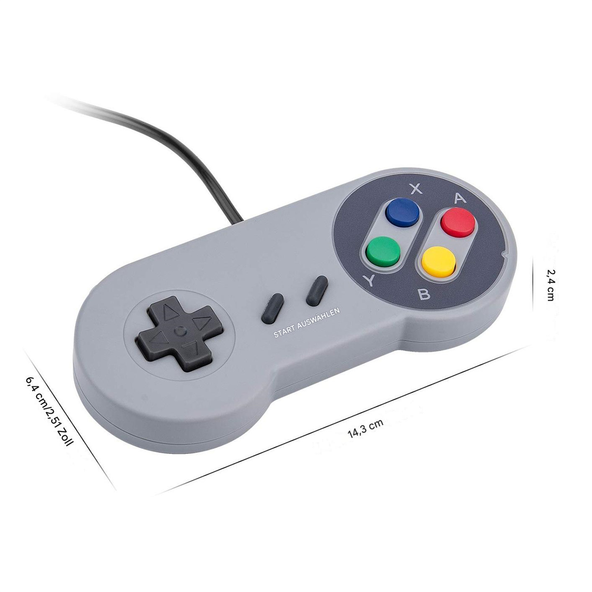 Grauer SNES-Controller mit farbigen Knöpfen und einem Steuerkreuz.