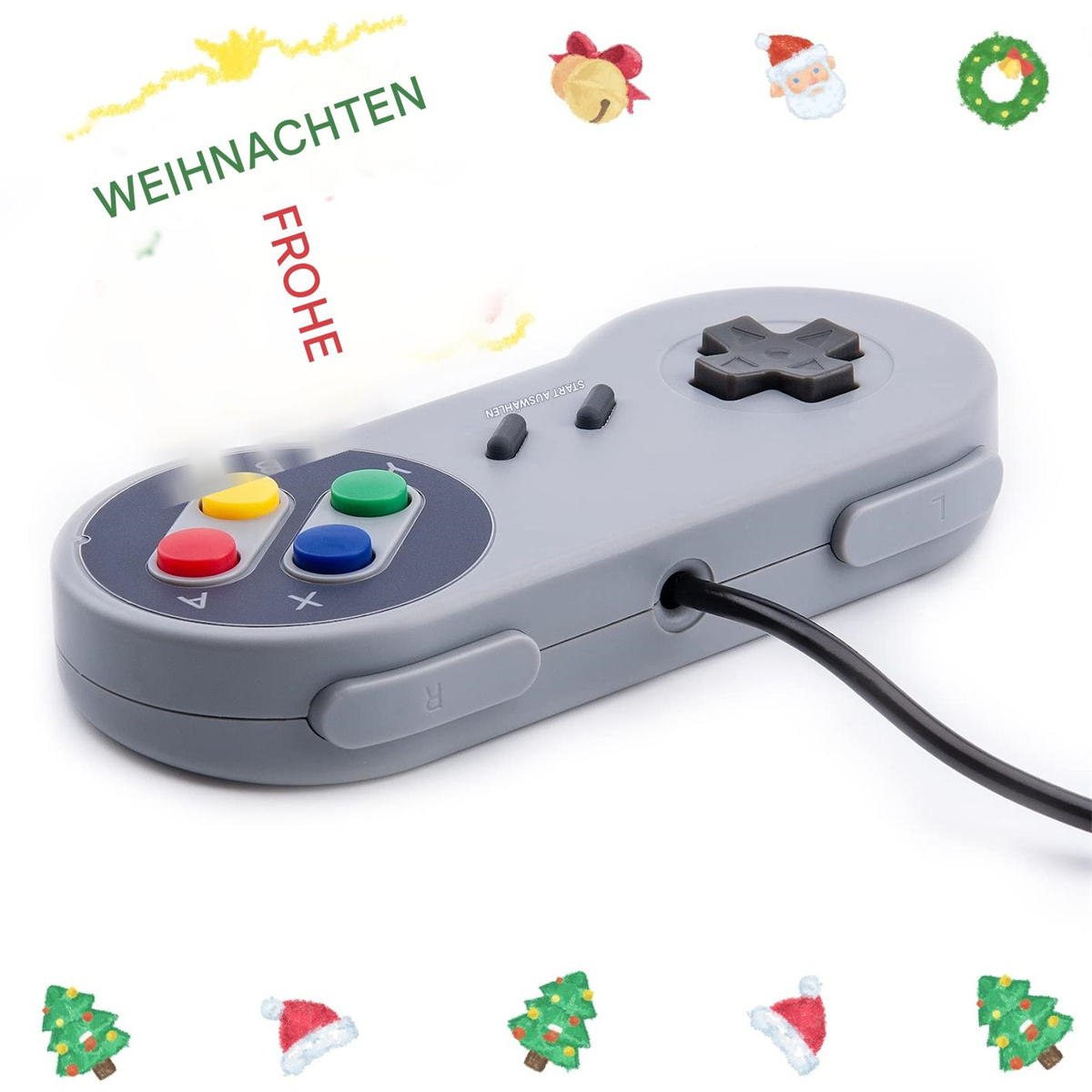 Ein grauer Game-Controller im Retro-Stil mit bunten Knöpfen und weihnachtlichen Dekorationen.