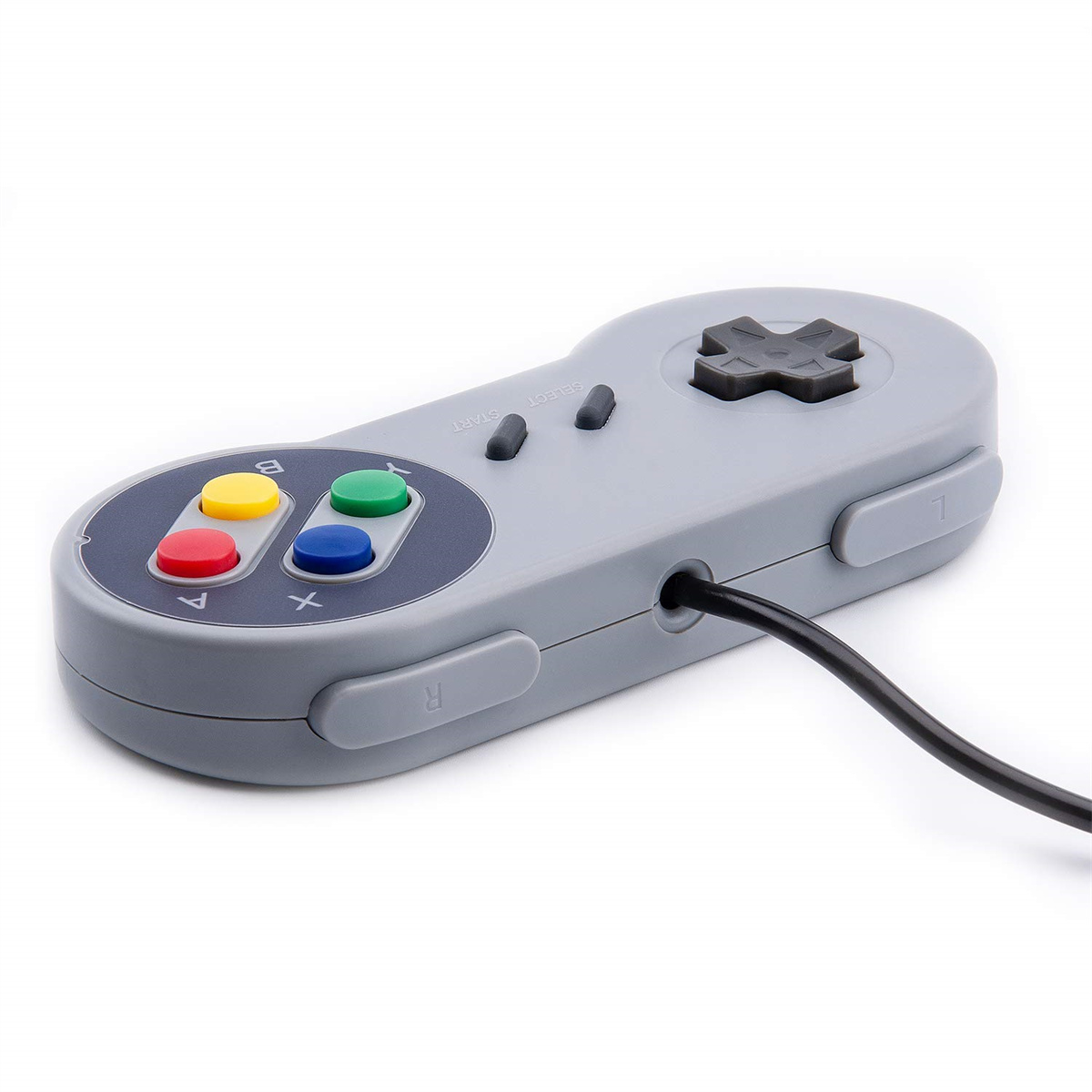 Ein grauer Retro-Gamecontroller mit bunten Knöpfen, der ein klassisches Design zeigt.