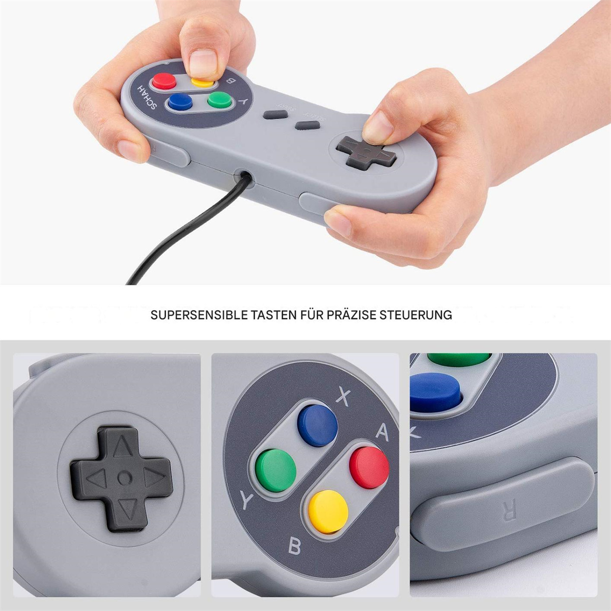 Hände halten einen grauen Gamecontroller mit farbigen Knöpfen.