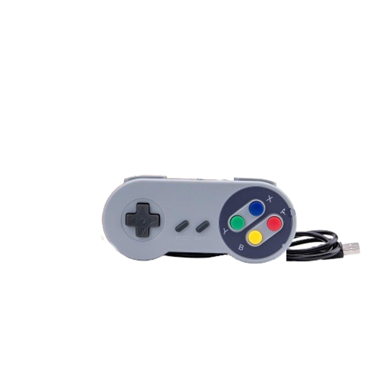 Ein grauer Retro-Gamecontroller mit bunten Knöpfen und einem USB-Kabel auf weißem Hintergrund.