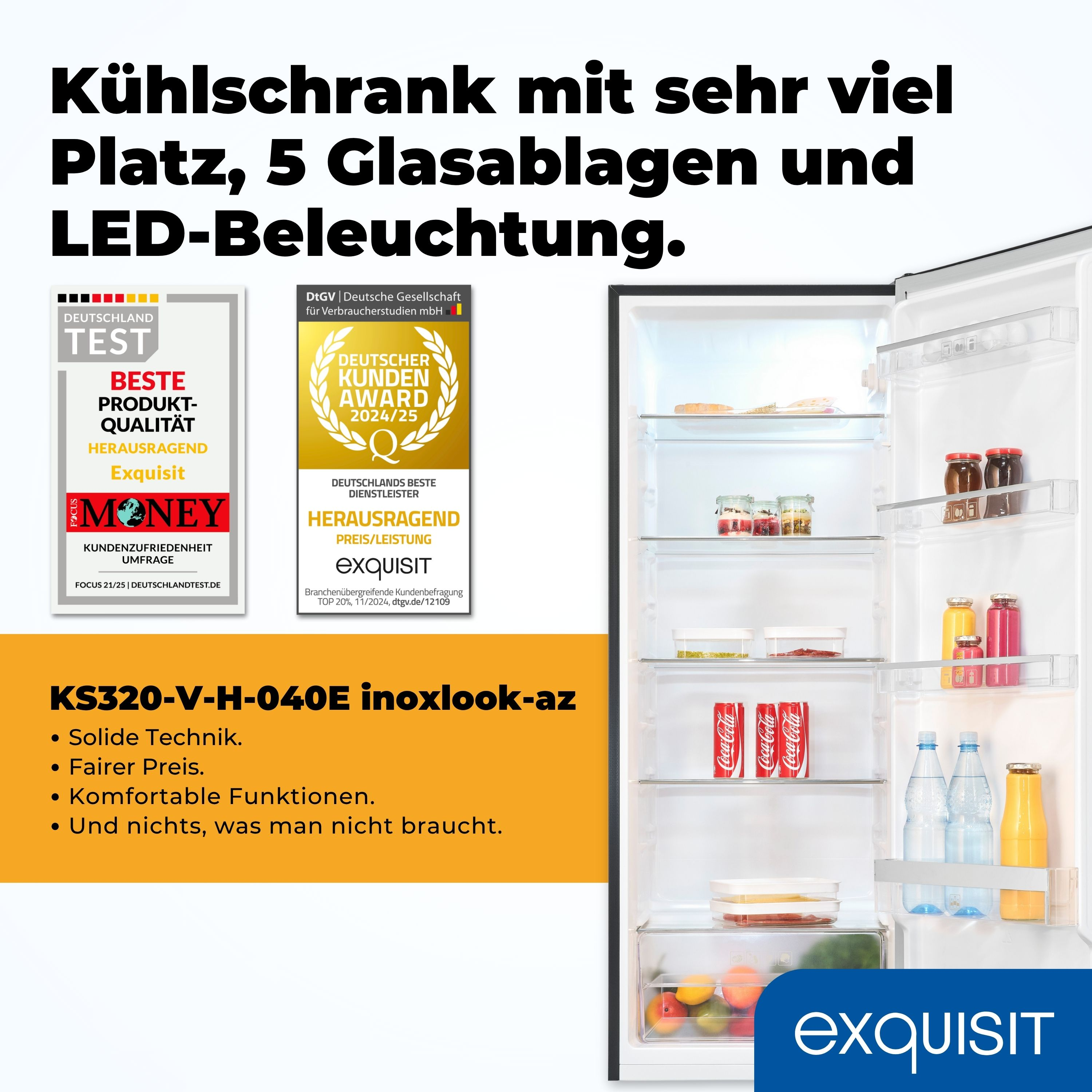 Ein Kühlschrank mit offener Tür, der Regale mit Lebensmitteln und Getränken zeigt. Text weist auf viel Platz und LED-Beleuchtung hin.