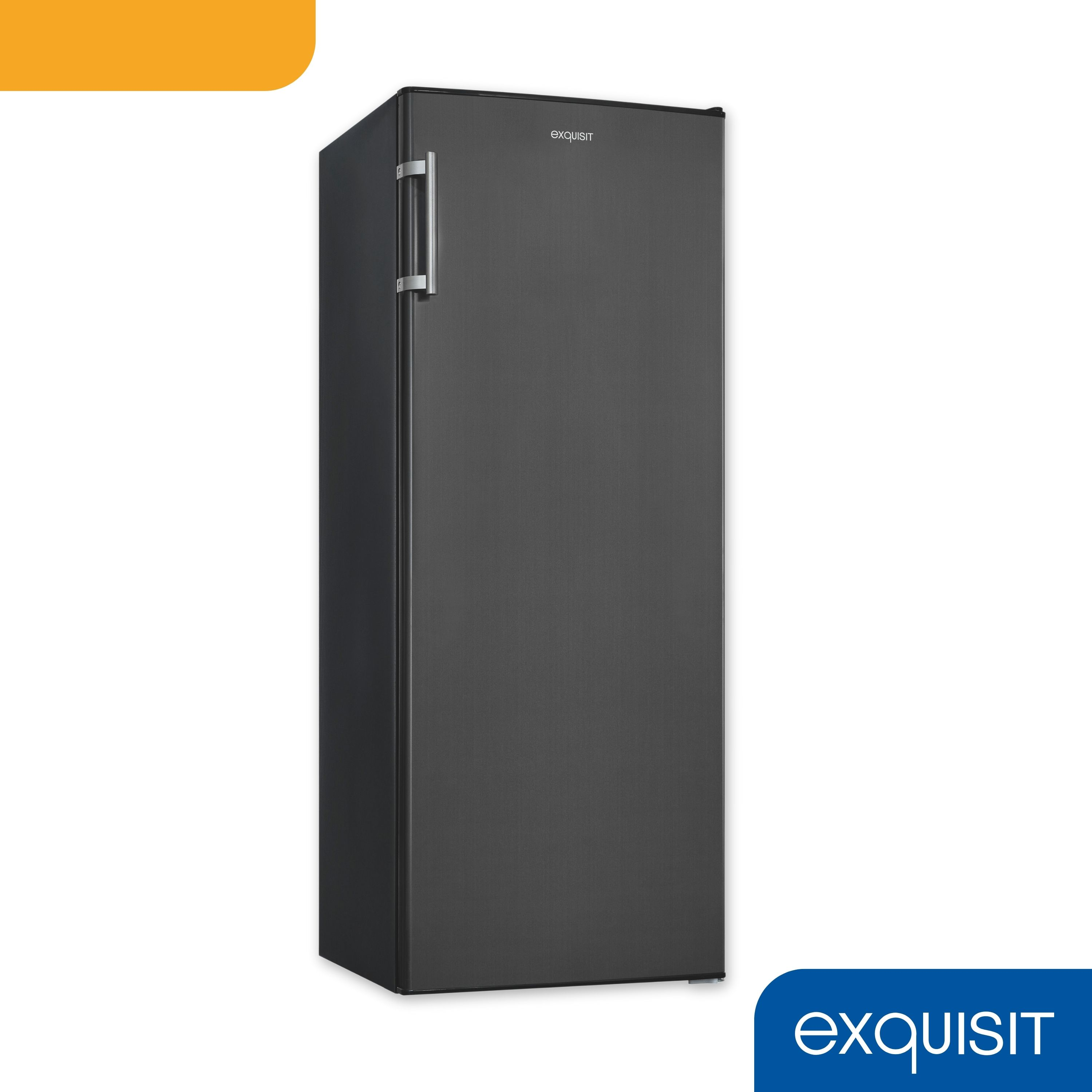 Ein schwarzer Kühlschrank mit Türgriff und dem Exquisit-Logo.