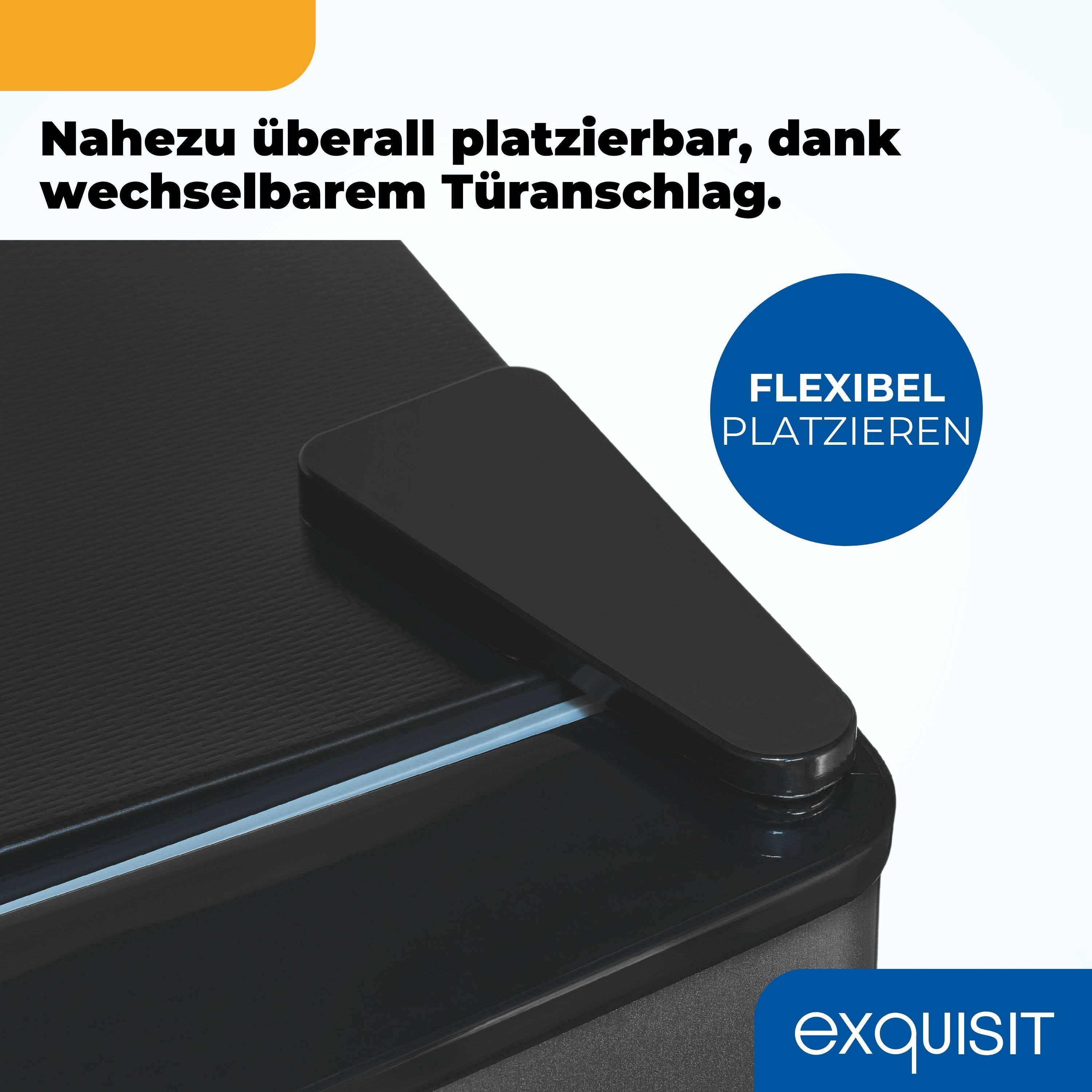 Nahaufnahme eines Kühlscharniers mit Text, der auf Flexibilität bei der Platzierung dank des reversiblen Türanschlags hinweist.