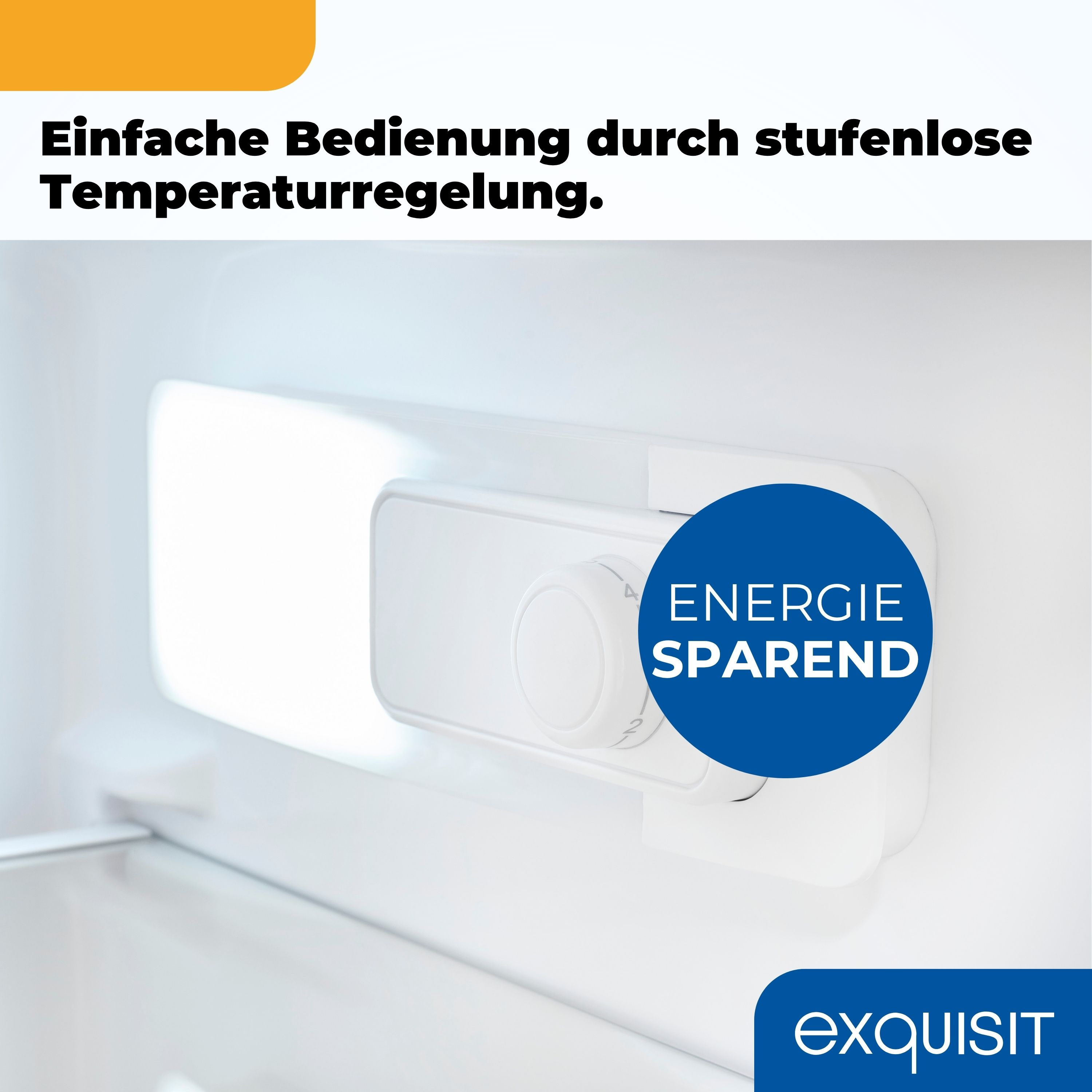 Im Inneren eines Kühlschranks, der einen Temperaturregler zeigt. Text weist auf einfache Bedienung durch stufenlose Temperaturregelung hin.
