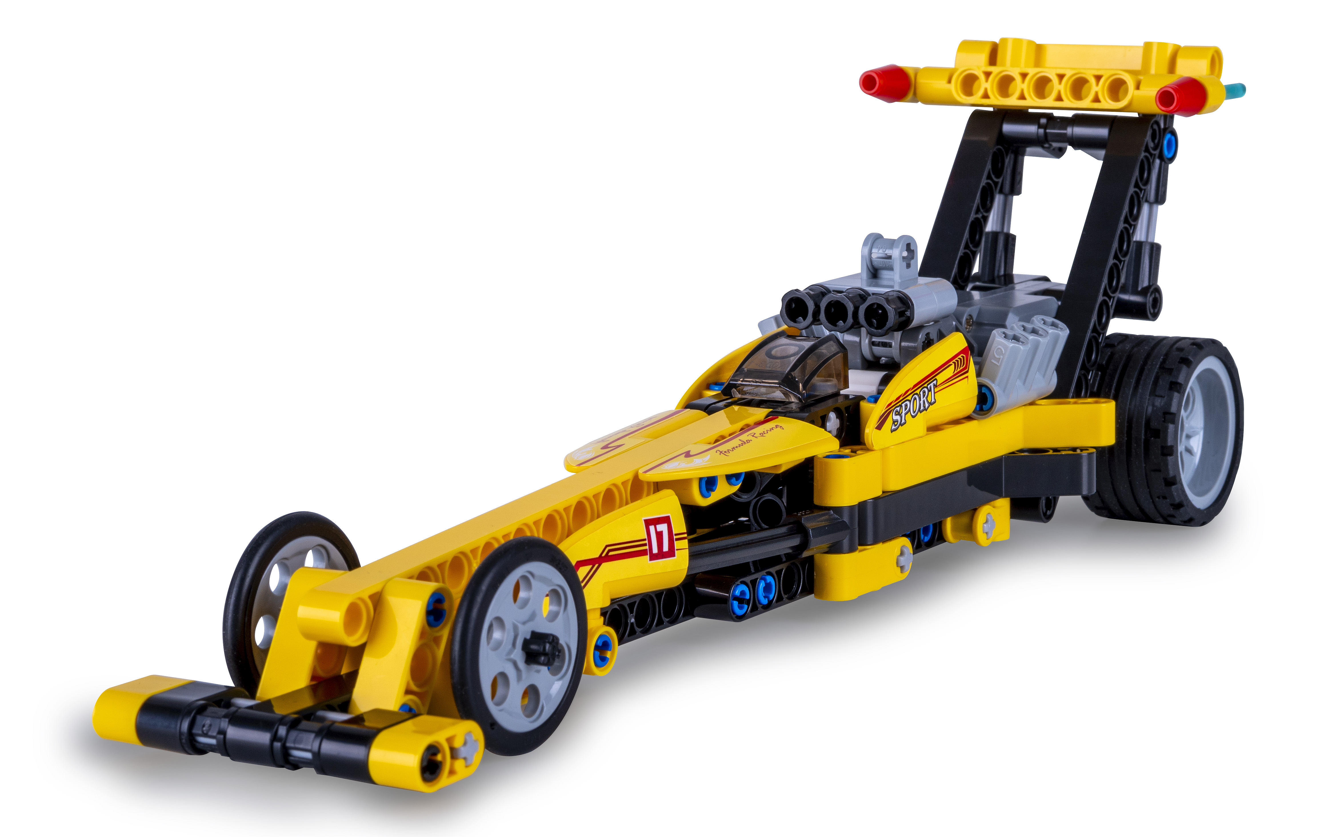 Gelbes und schwarzes Spielzeug-Dragster-Auto mit langem Front- und Heckflügel.
