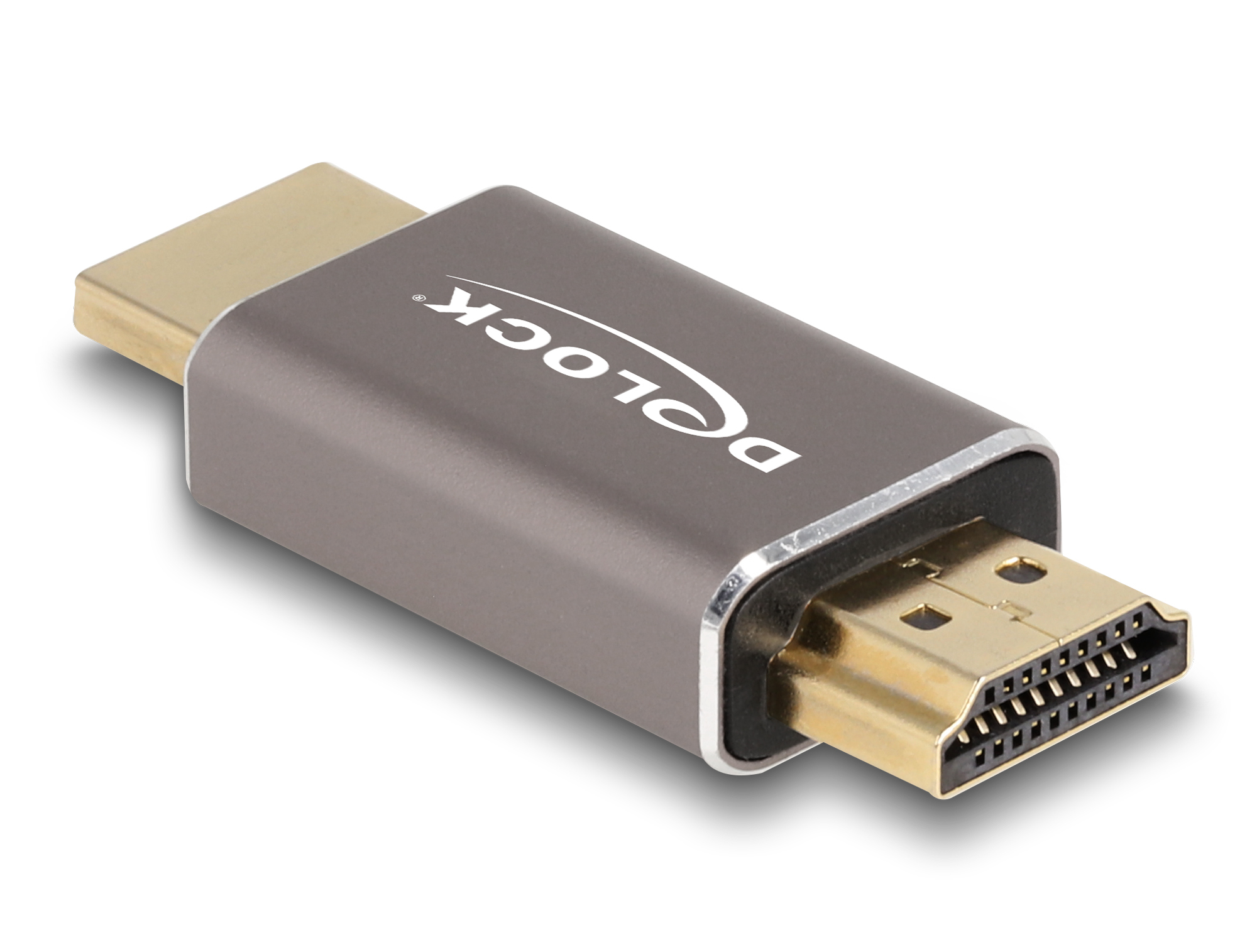 Un adattatore da USB-C a HDMI grigio con il logo 'D-LOCK', isolato su sfondo bianco.