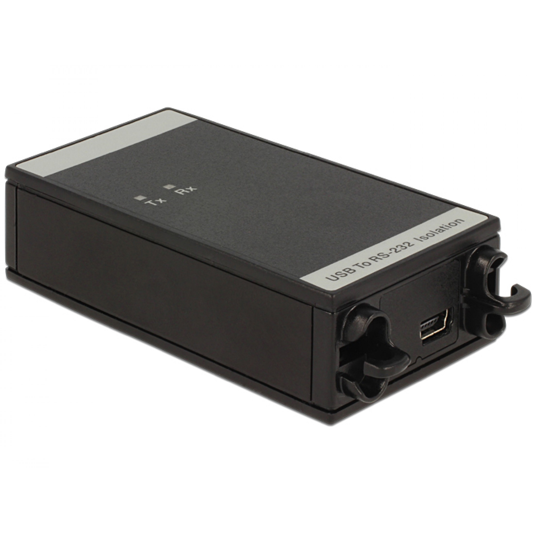 Convertitore di isolamento da USB a RS-232 nero con connettori ed etichette.