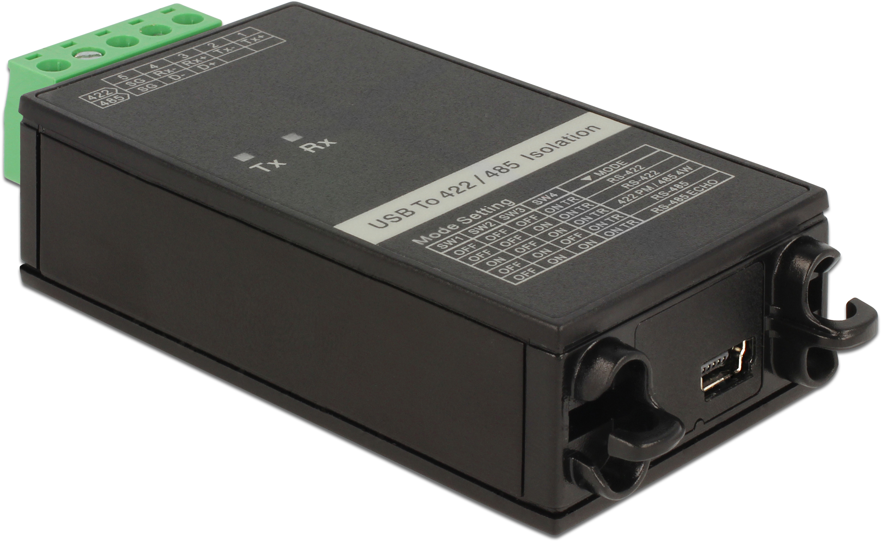 Un convertitore di isolamento USB a 422/485 nero, con connettori e porta USB visibili.