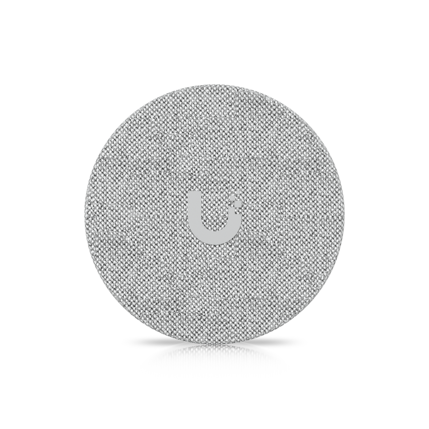 Un altoparlante circolare grigio con un logo U bianco. La superficie ha una trama intrecciata.