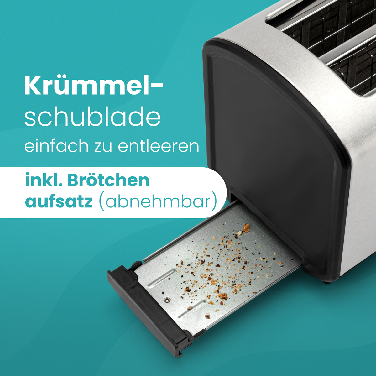 Toster z wysuniętą tacką na okruchy, widoczne okruchy. Tekst opisuje tacę.