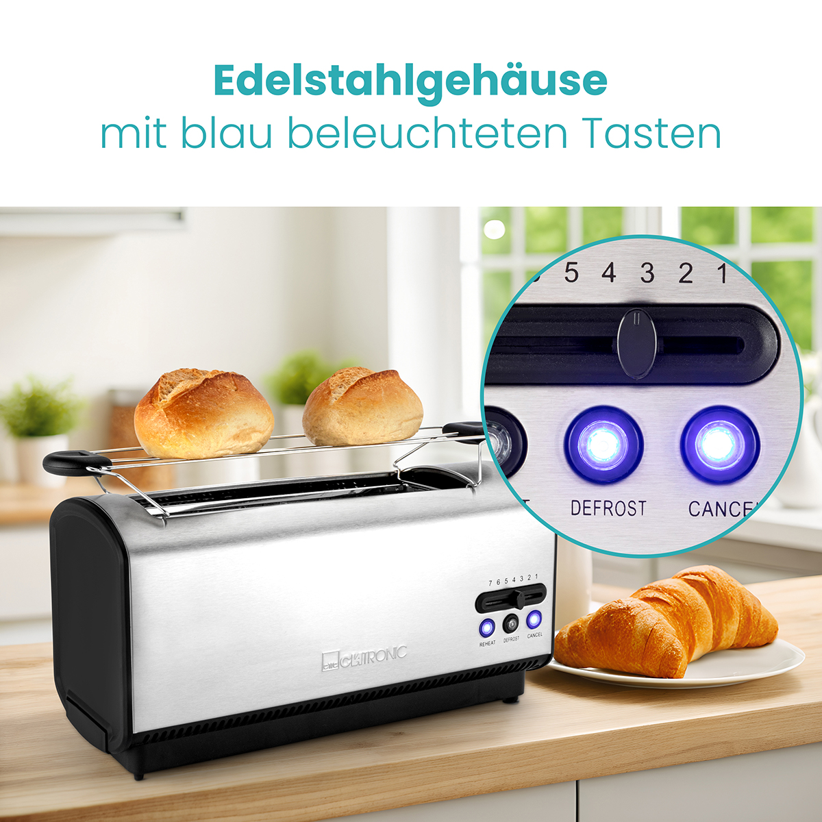 Toster ze stali nierdzewnej z dwoma otworami, panelem sterowania i dwiema kromkami tostowanego chleba.