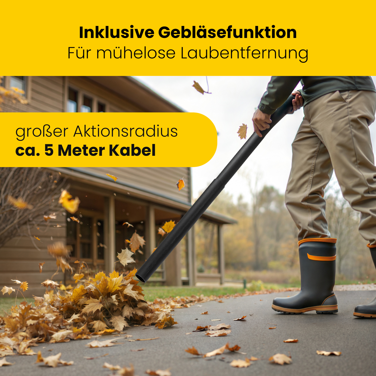 Eine Person, die mit einem Laubbläser Blätter auf einer Einfahrt mit einem Haus im Hintergrund bläst.