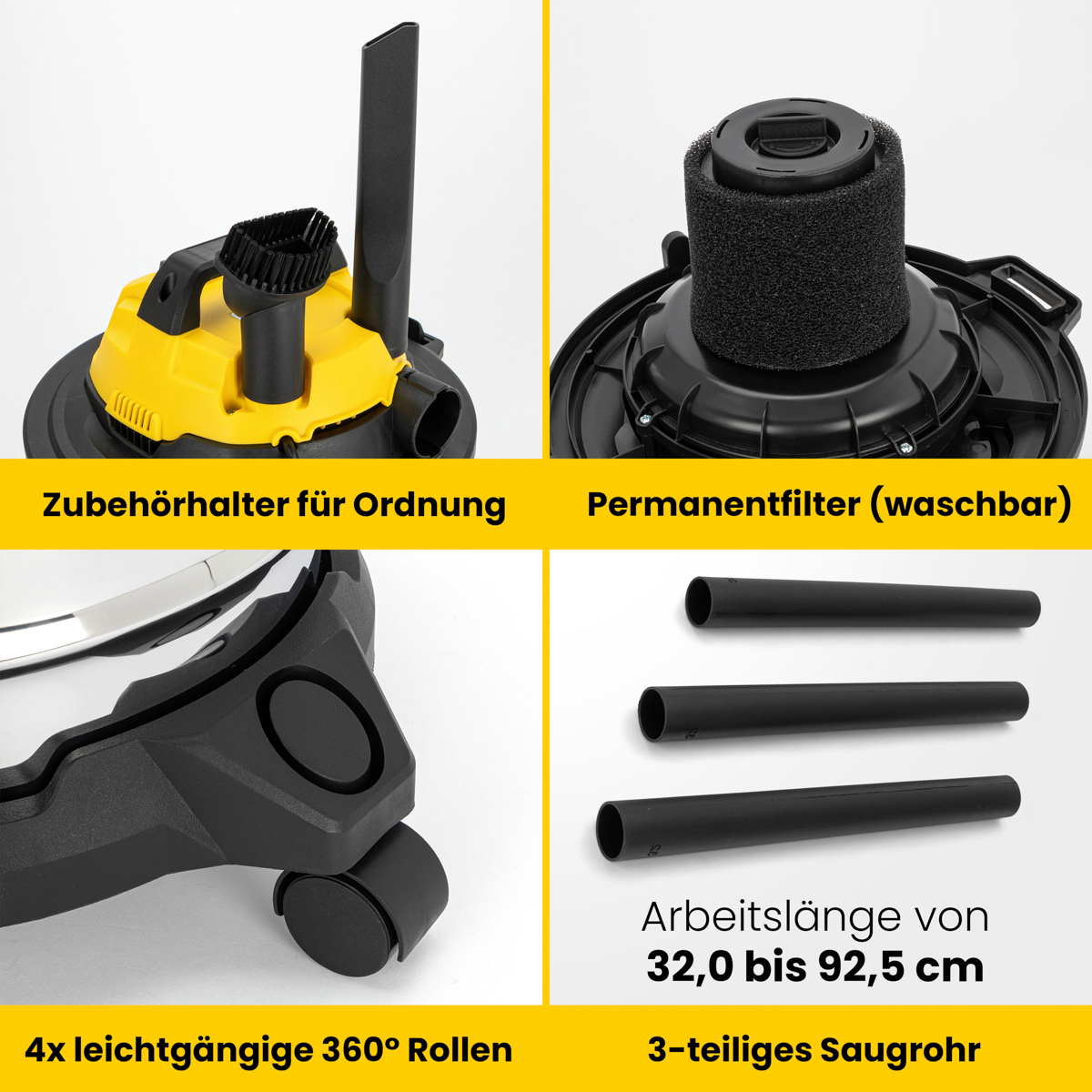 Staubsaugerteile mit Etiketten. Enthält einen Permanentfilter, 360°-Rollen und drei Rohre.