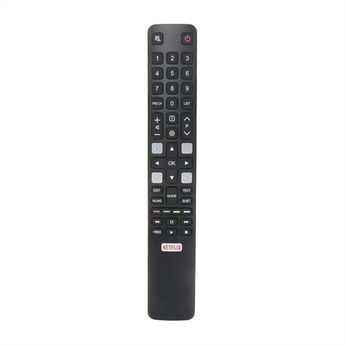 Das Bild zeigt eine schwarze Fernbedienung mit weißen Tasten, einschließlich Zahlen und einer Netflix-Taste, vor einem weißen Hintergrund.