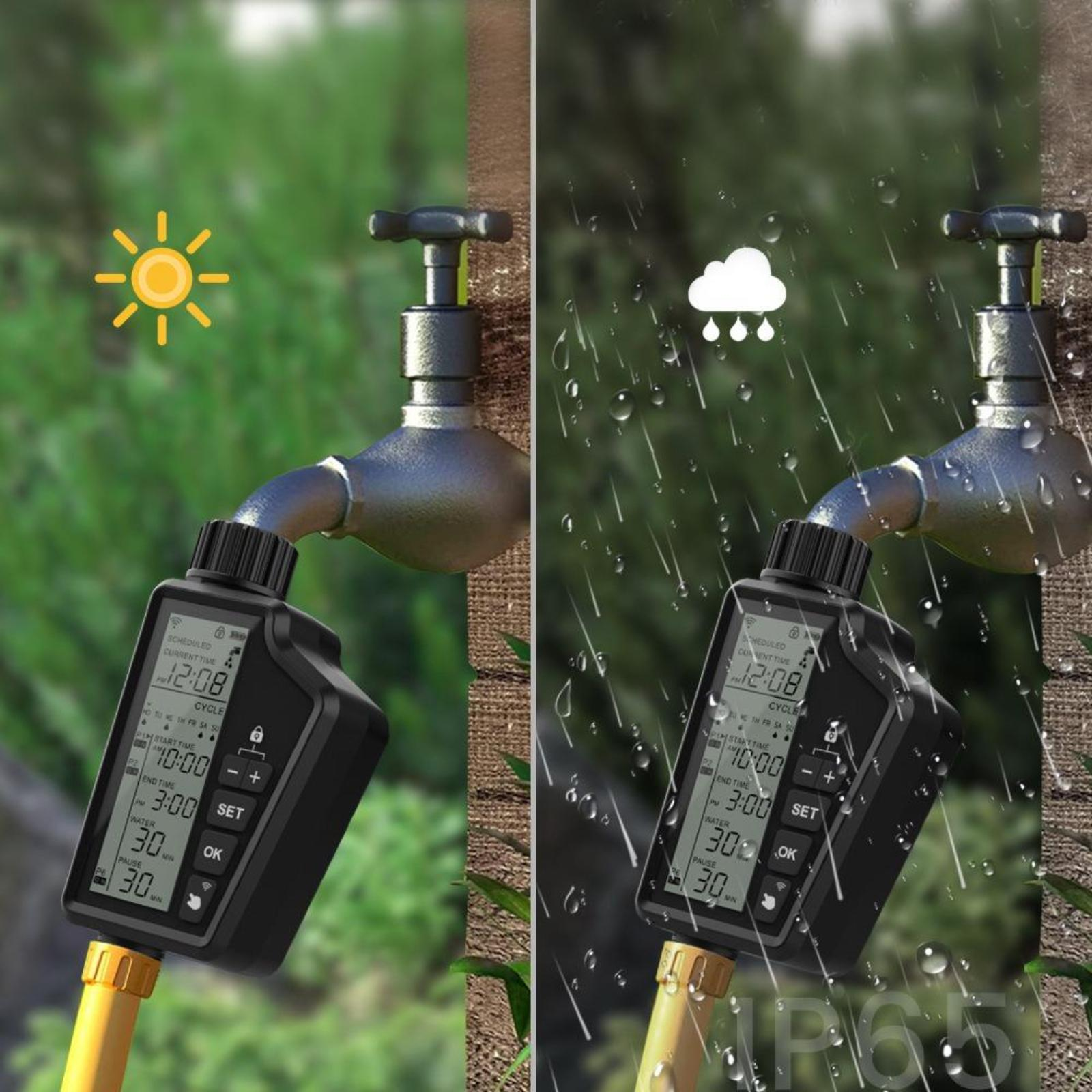 Das Bild zeigt eine an einem Wasserhahn befestigte Zeitschaltuhr, die bei sonnigen und regnerischen Wetterbedingungen angezeigt wird.