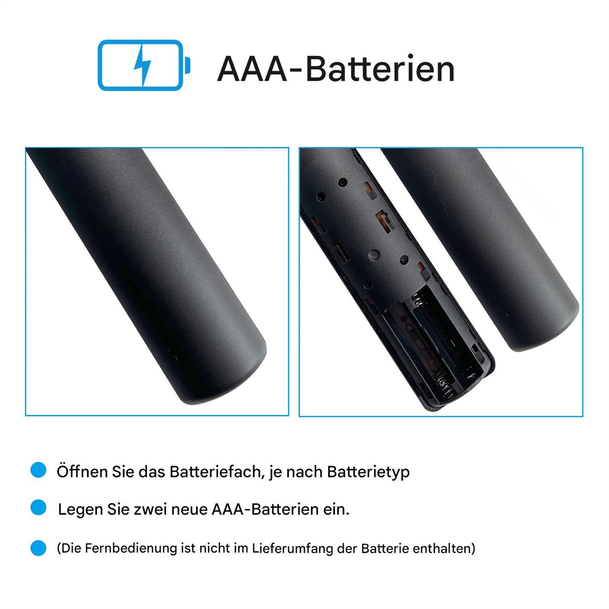 Das Bild zeigt ein Batteriefach einer Fernbedienung mit AAA-Batterien. Text deutet auf Öffnen und Einlegen der Batterien hin.