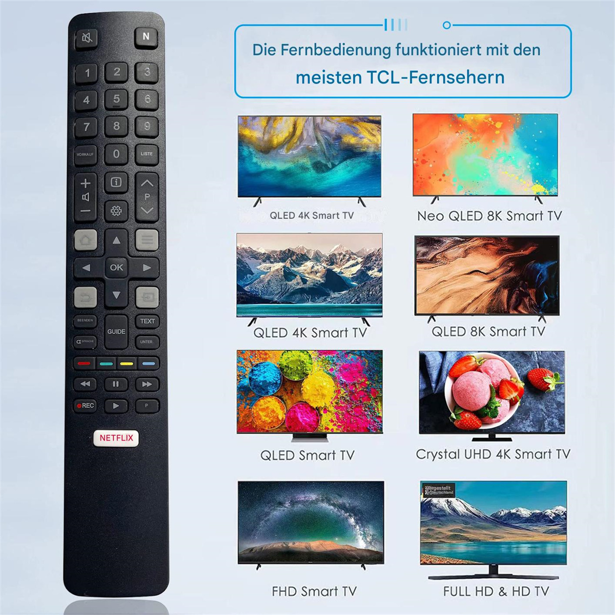 Eine schwarze Fernbedienung mit Zifferntasten, Navigationstasten und einer Netflix-Taste mit verschiedenen TV-Typen.