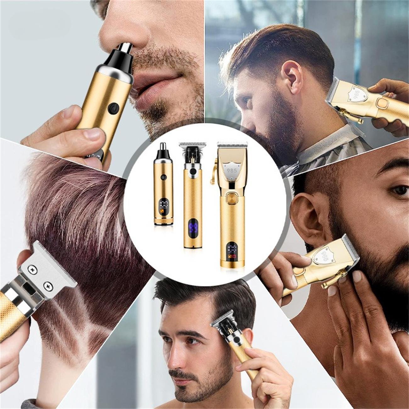 Eine Collage von Personen, die goldene Haarschneidemaschinen und Nasenhaartrimmer in verschiedenen Szenarien verwenden.
