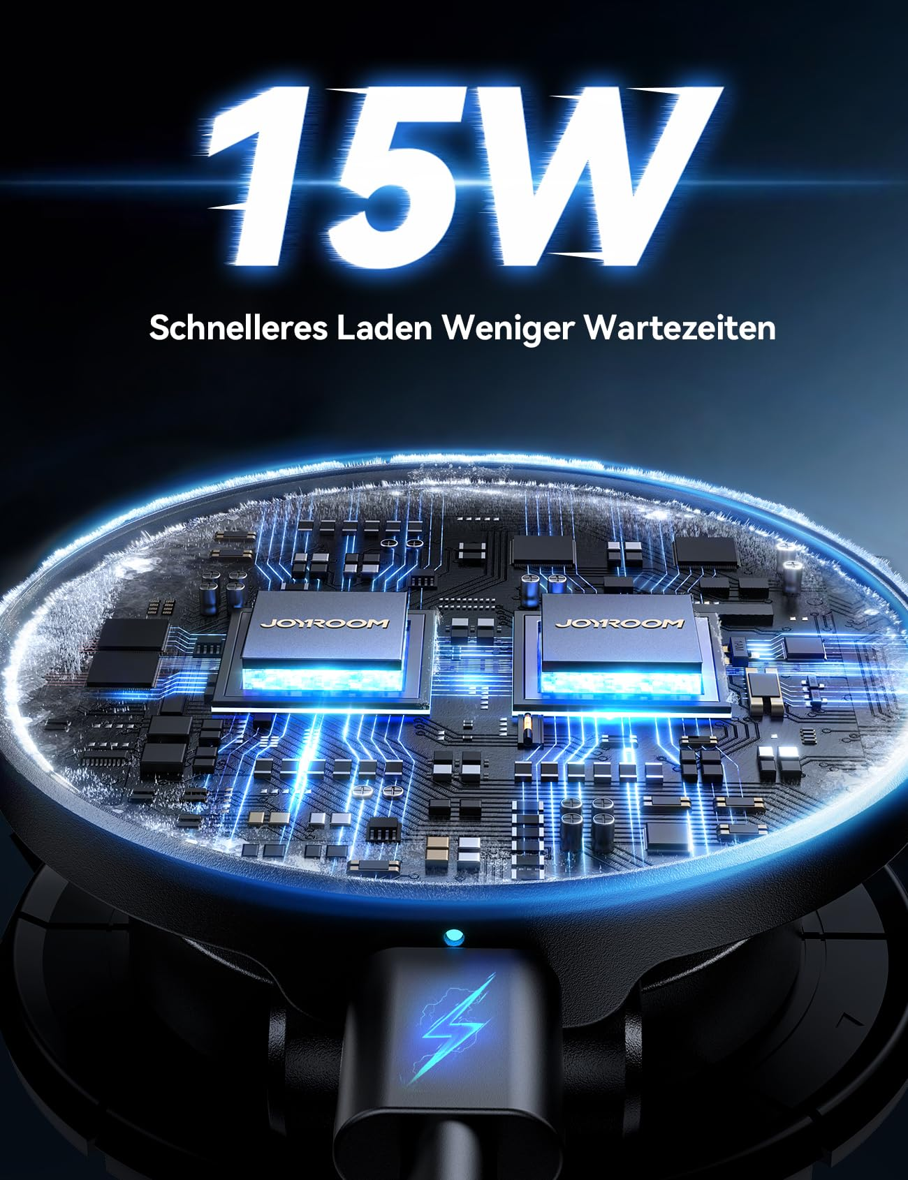 Das Bild zeigt ein 15W-Ladegerät mit sichtbarer Schaltung und dem Markennamen JOYROOM.