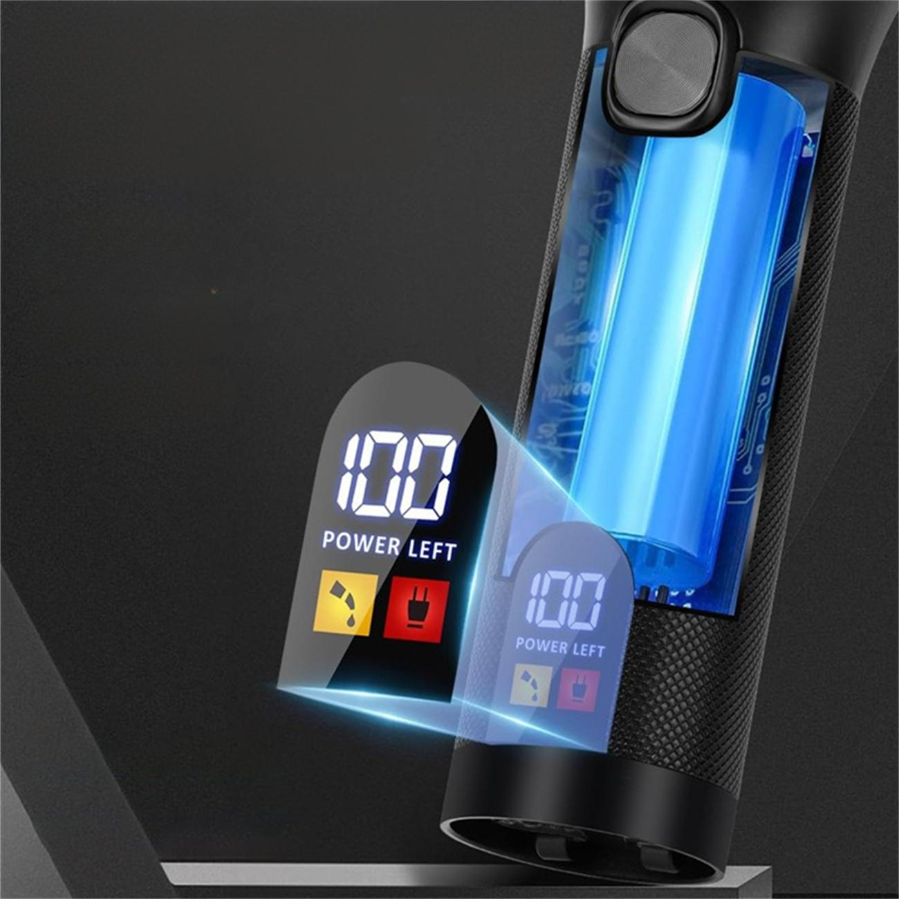 Das Bild zeigt ein Gerät, das „100 POWER LEFT“ mit Batteriesymbolen anzeigt, was auf eine volle verbleibende Leistung hinweist.