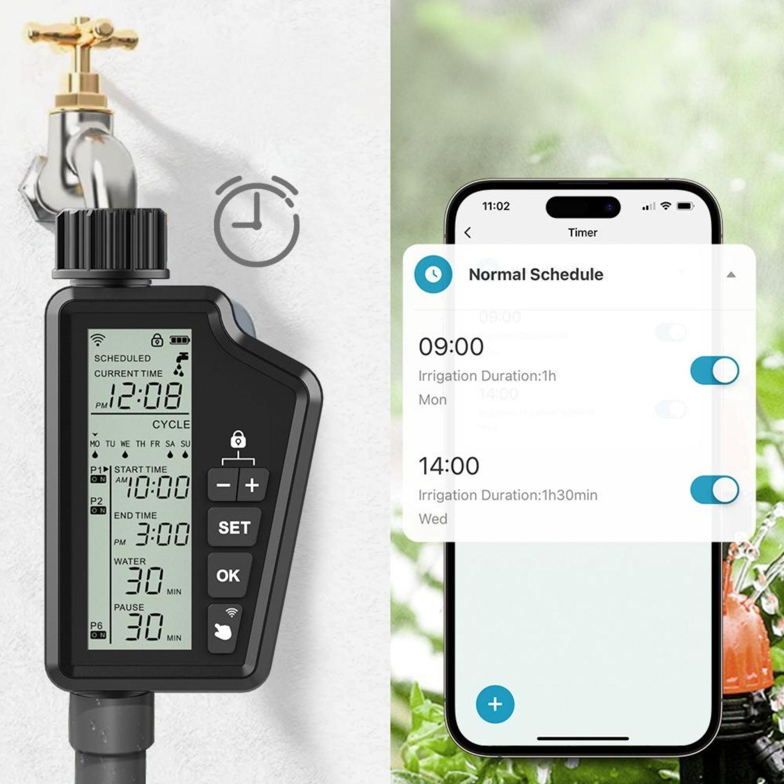 Das Bild zeigt eine an einen Wasserhahn angeschlossene Zeitschaltuhr und ein Smartphone, das einen normalen Bewässerungsplan anzeigt.