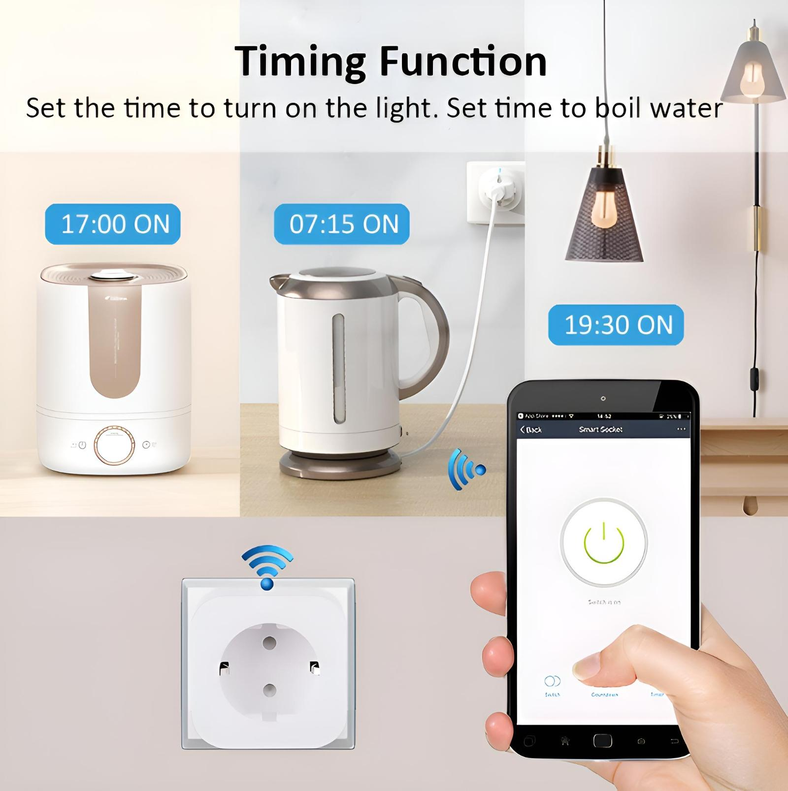 Zeitfunktion für intelligente Geräte, darunter ein Luftbefeuchter, ein Wasserkocher und eine Lampe, die von einem Telefon gesteuert werden.
