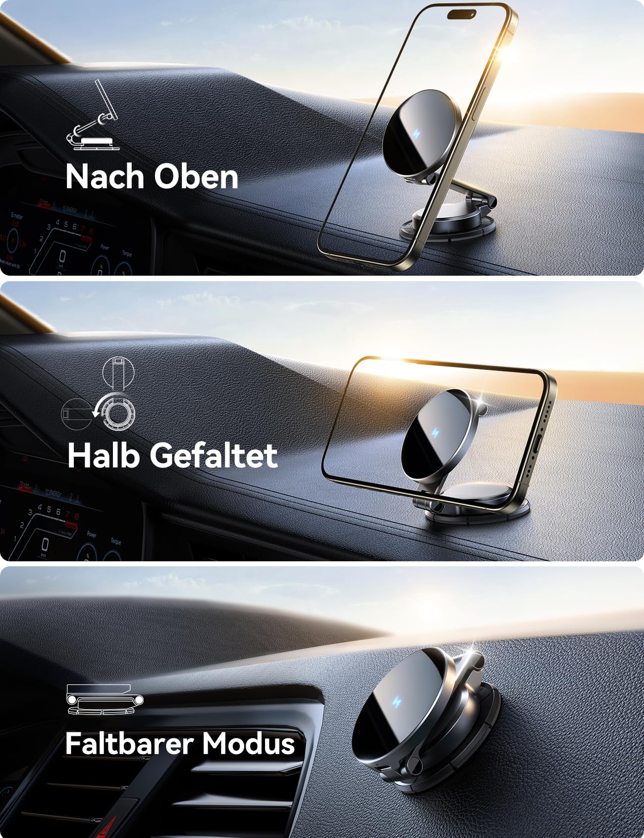 Ein Telefon ist auf dem Armaturenbrett eines Autos montiert. Telefon in verschiedenen Positionen, gefaltet, oben und gefaltet.