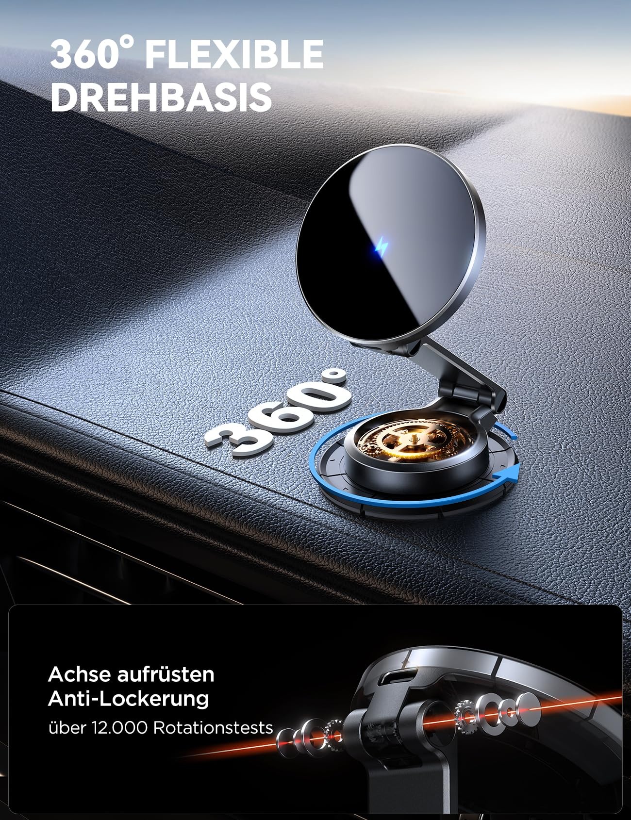 Eine Telefonhalterung im Auto mit 360-Grad-Flexibilität. Die Halterung ist schwarz und hat einen kreisförmigen Sockel.