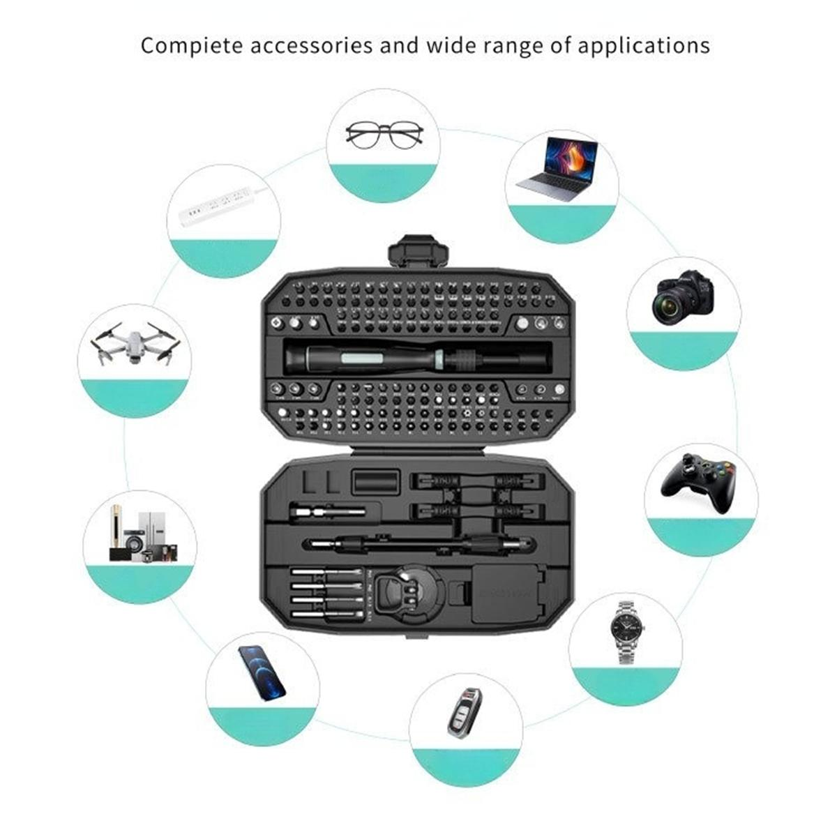 Ein geöffneter Werkzeugkoffer. Verschiedene Werkzeuge sind angeordnet, darunter Brille, Laptop, Kamera und Uhr. Text: 'Komplettes Zubehör'.