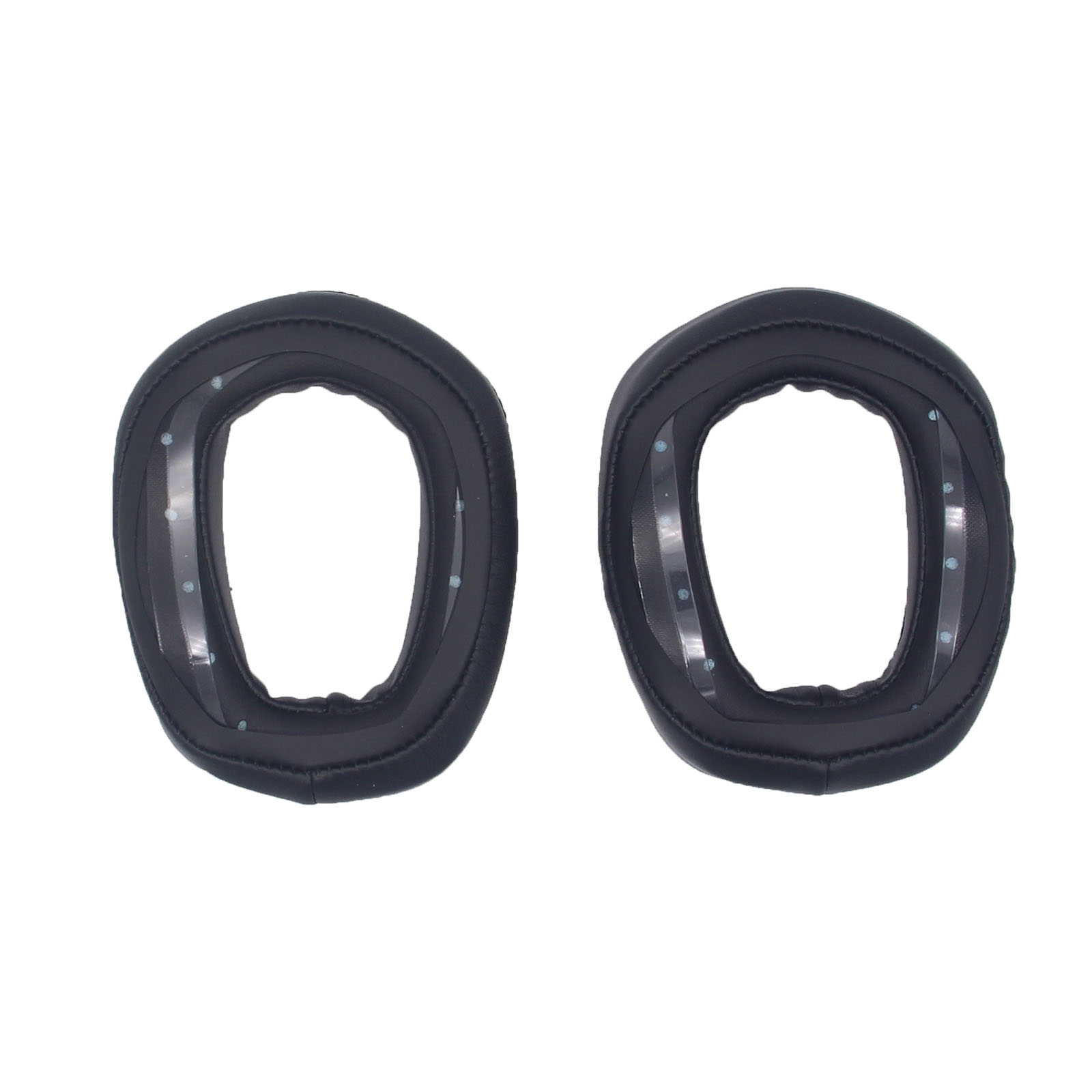 Due cuscinetti auricolari neri, di forma ovale. Hanno plastica trasparente all'interno.