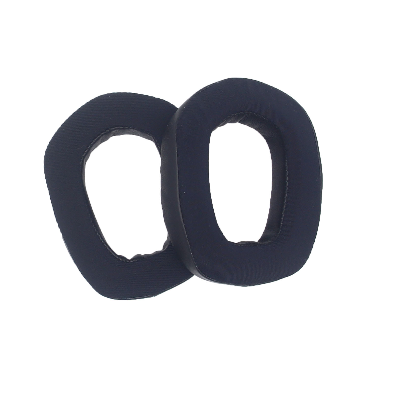 Due cuscinetti auricolari blu scuro per cuffie, visti di lato e angolati, su sfondo bianco.
