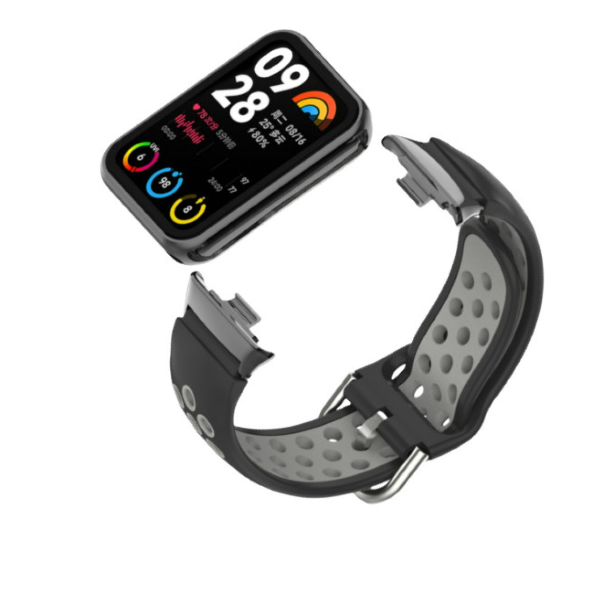Eine Smartwatch mit abgetrenntem Armband. Der Bildschirm zeigt Zeit und Daten. Das Armband ist schwarz und grau.