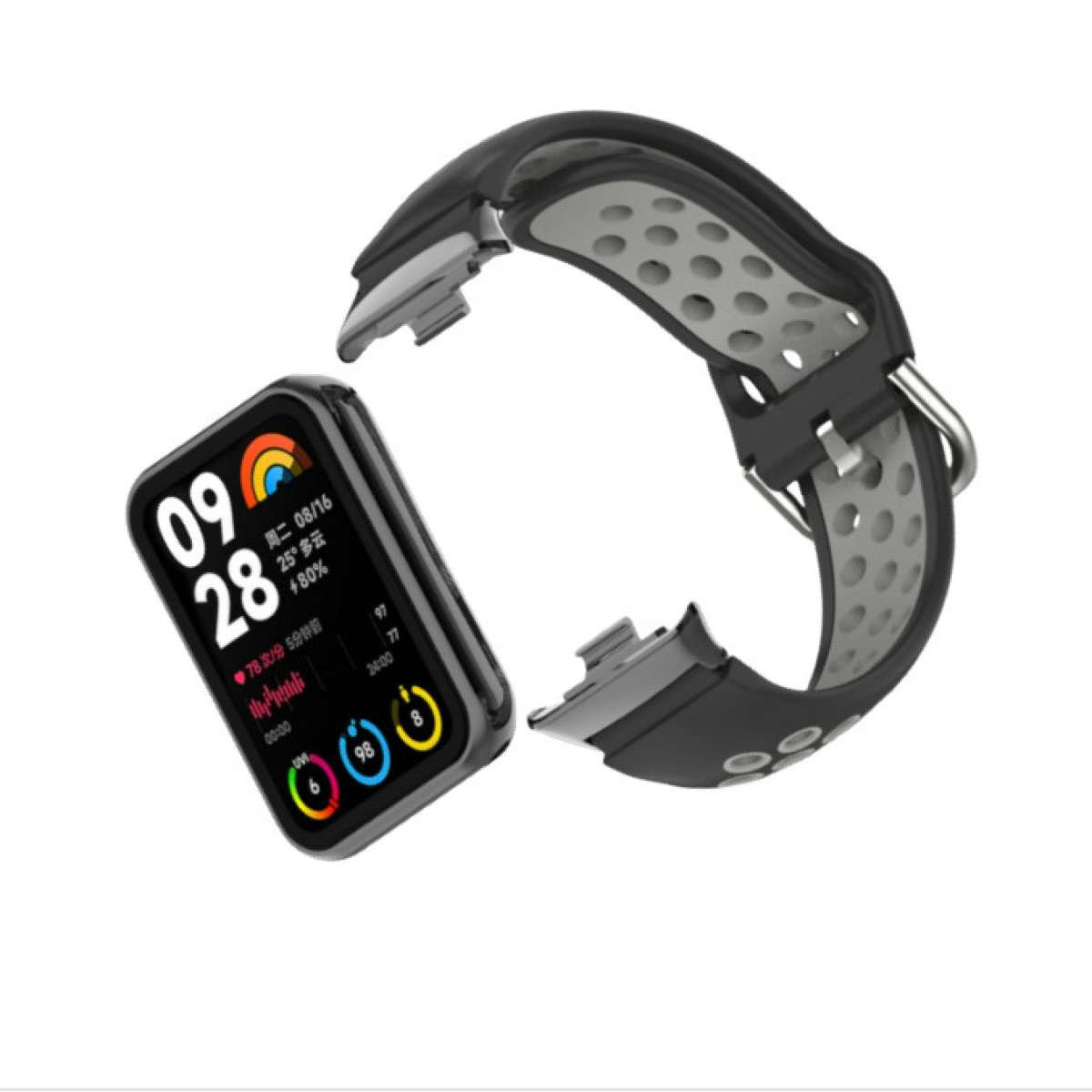 Schwarze Smartwatch mit abgenommenem Armband, Datum und Uhrzeit anzeigend. Weißer Hintergrund.