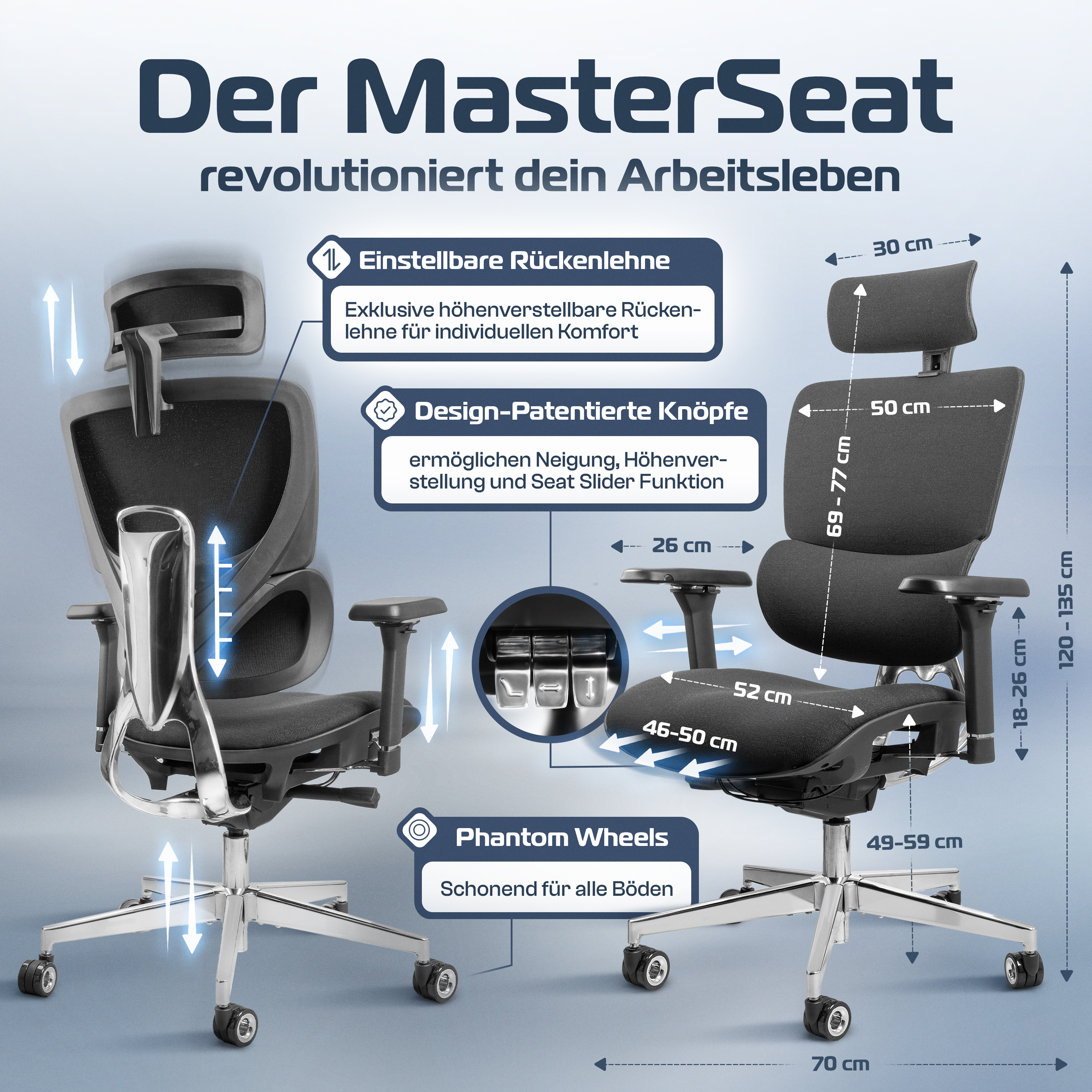 Zwei Bürostühle mit Abmessungen und Funktionen. Text beschreibt verstellbare Rückenlehnen und Phantom Wheels.