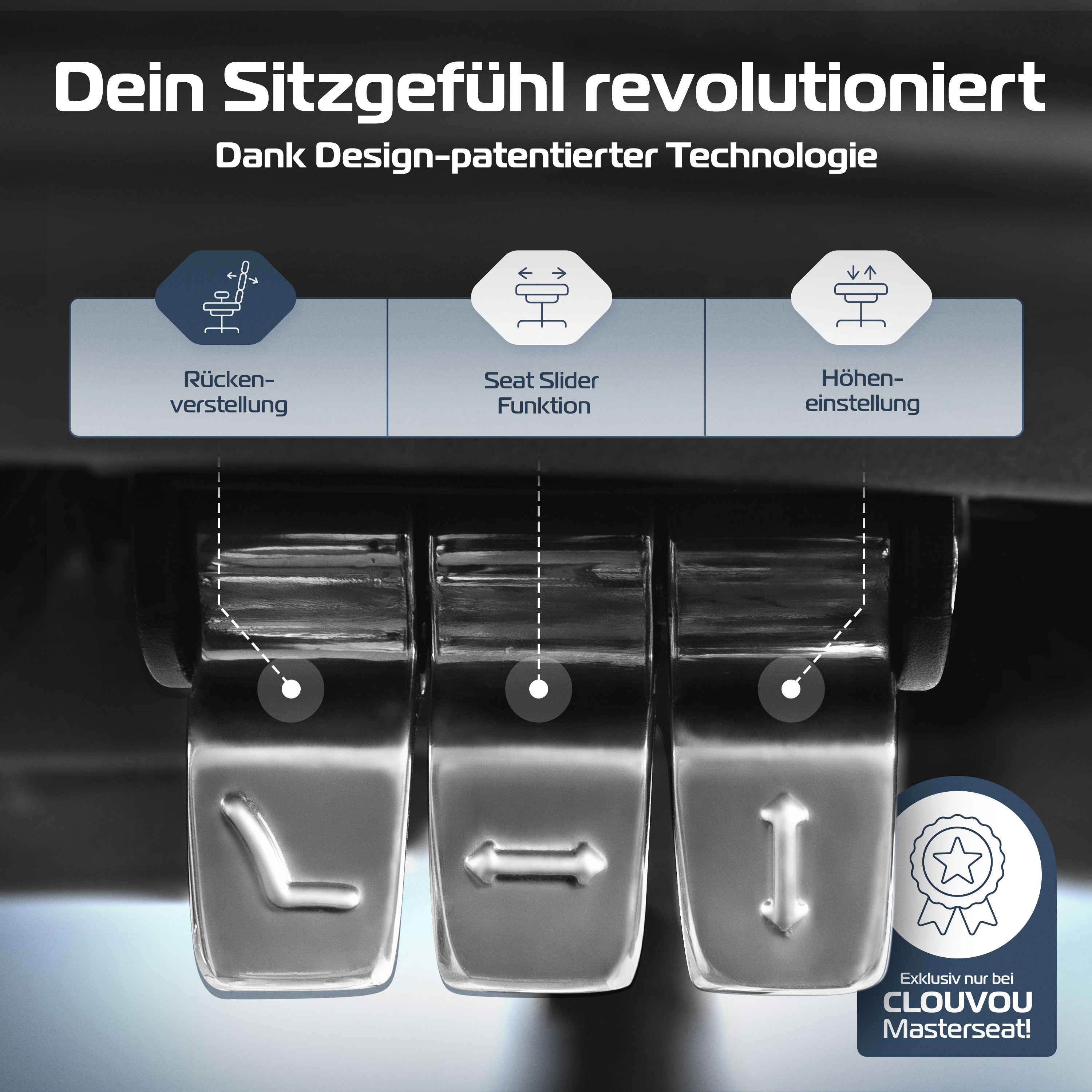 Nahaufnahme der Stuhleinstellmechanismen. Tasten zeigen Rückenlehne, Sitzschieber und Höhenverstellung.