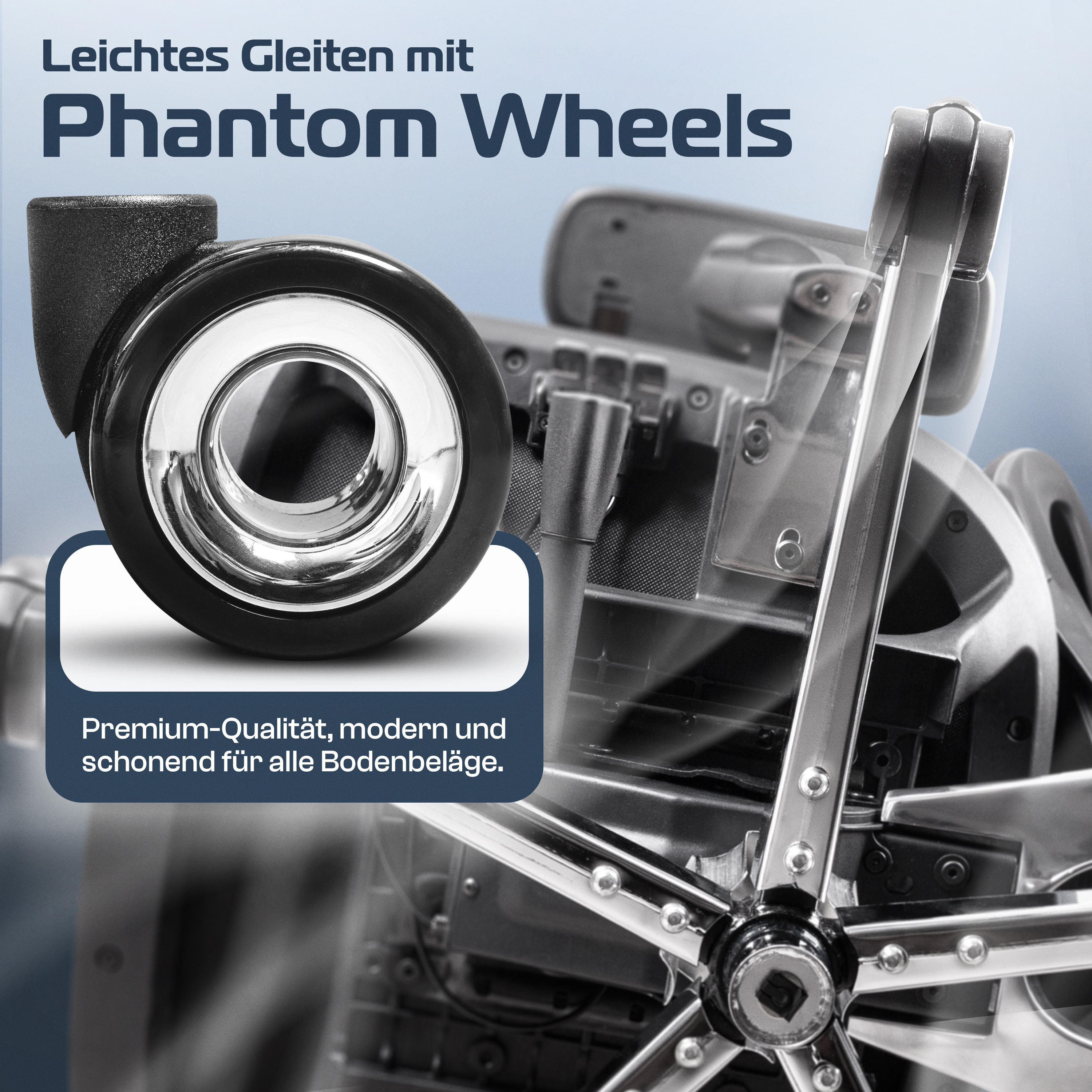 Nahaufnahme eines Stuhlrads. Der Text lautet "Phantom Wheels" und beschreibt die Produkteigenschaften.