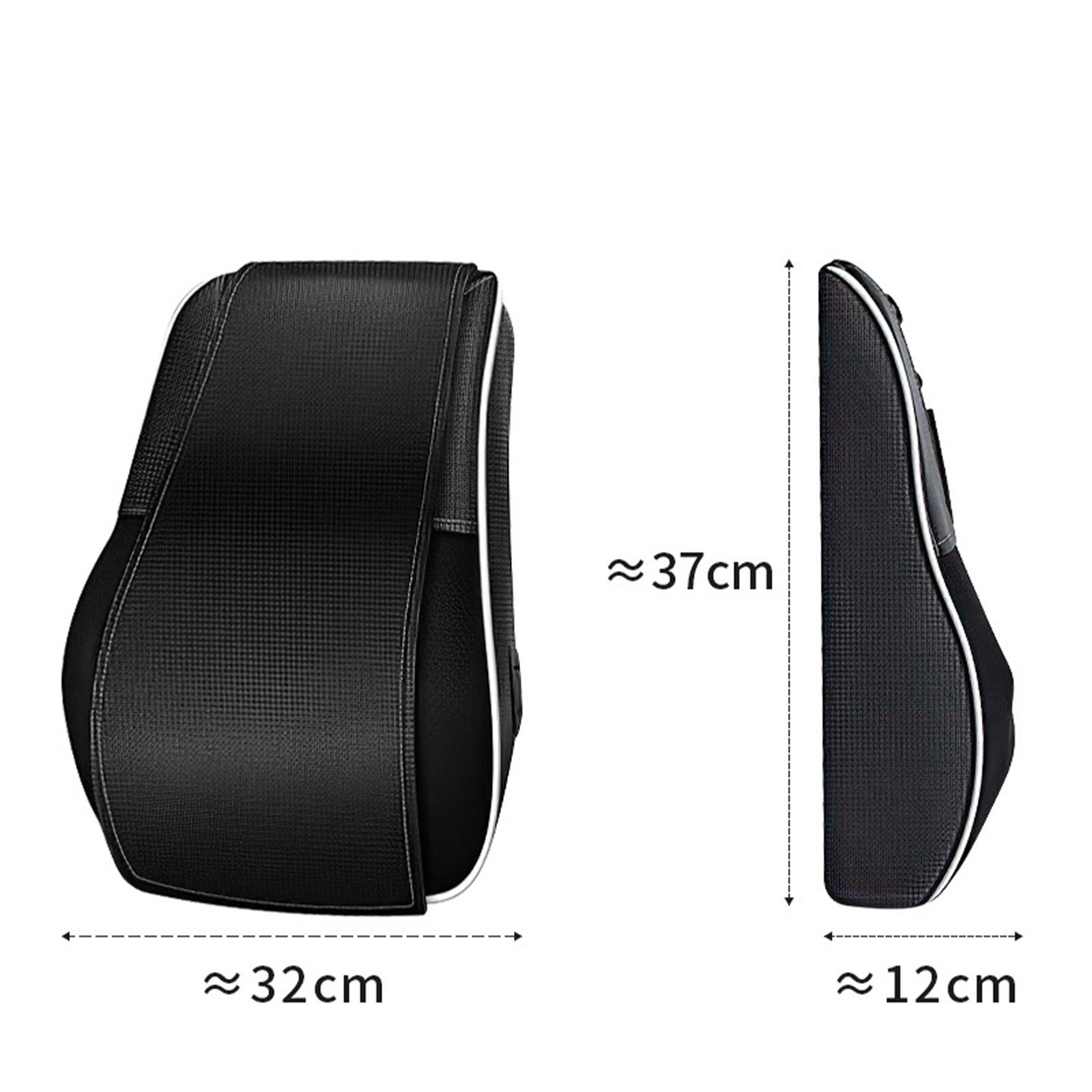 Schwarze Rückenstütze für den Autositz mit Maßen. Sie ist ca. 37 cm hoch und 32 cm breit.