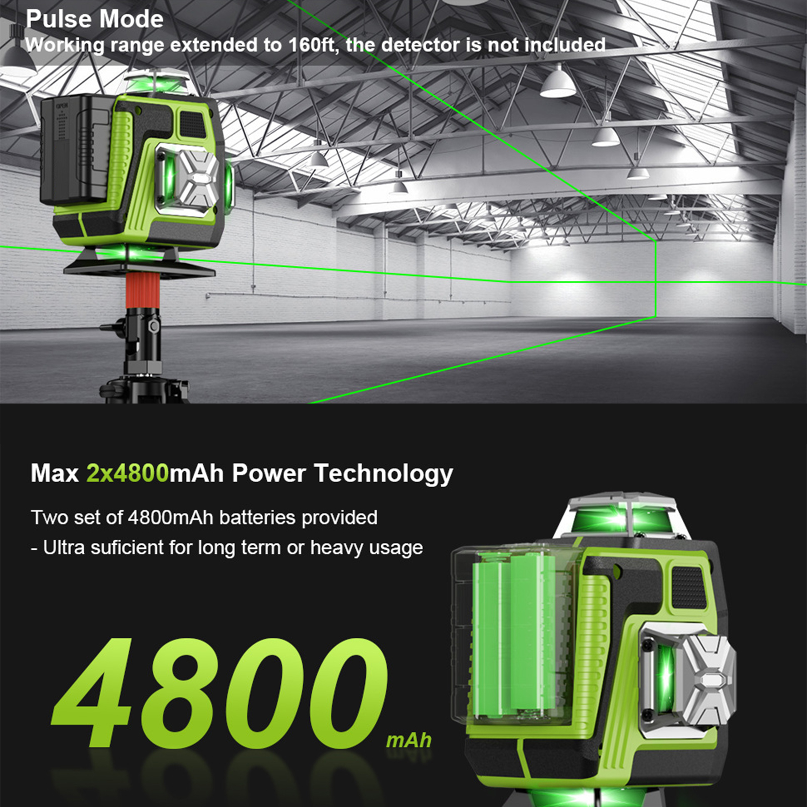 Ein grünes Laserlevel, mit grünen Strahlen, wird in einer Industrieumgebung gezeigt. Es steht auf einem Stativ mit schwarzem Hintergrund.
