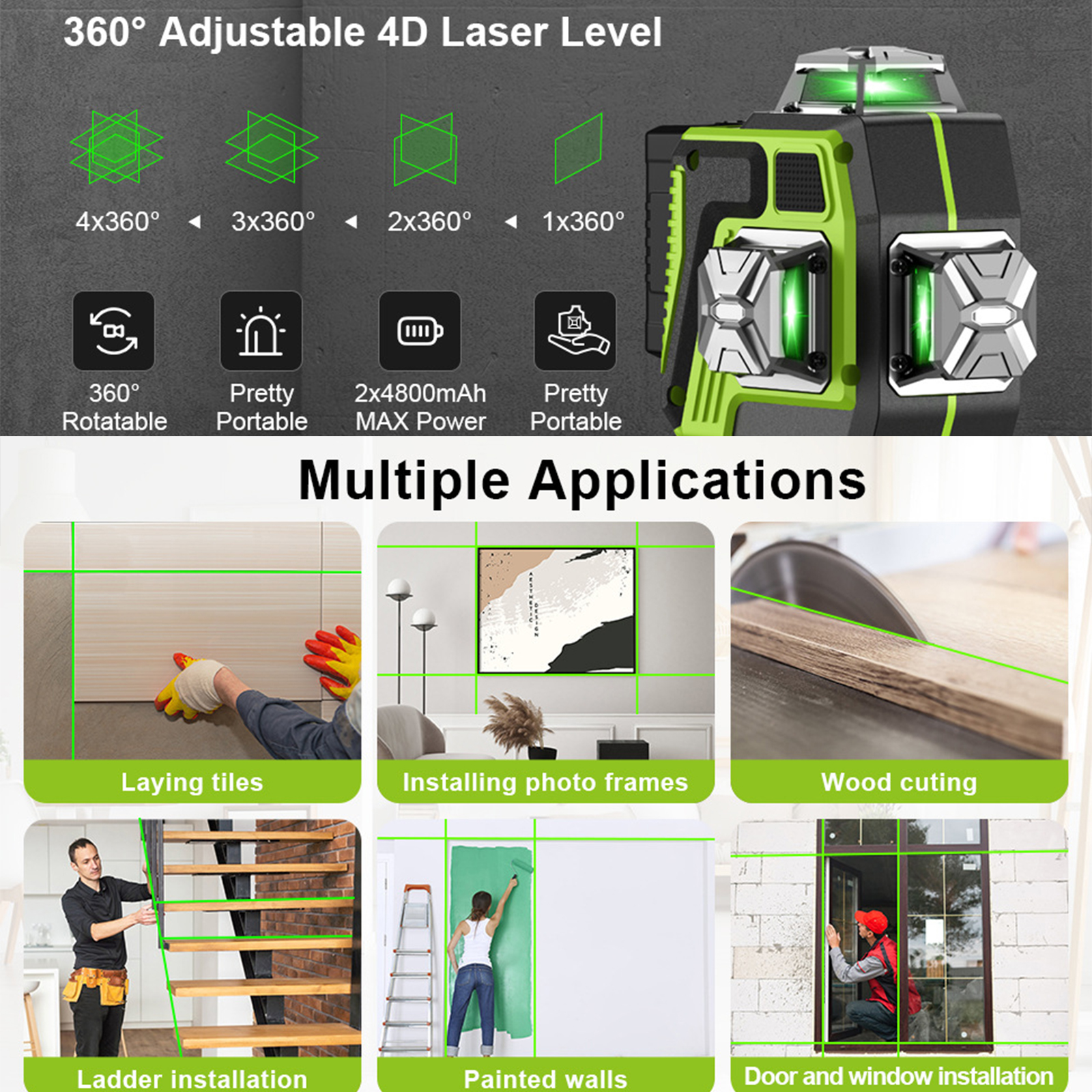 Mehrere Anwendungen eines grün-schwarzen Laser-Levels in verschiedenen Bauszenarien.