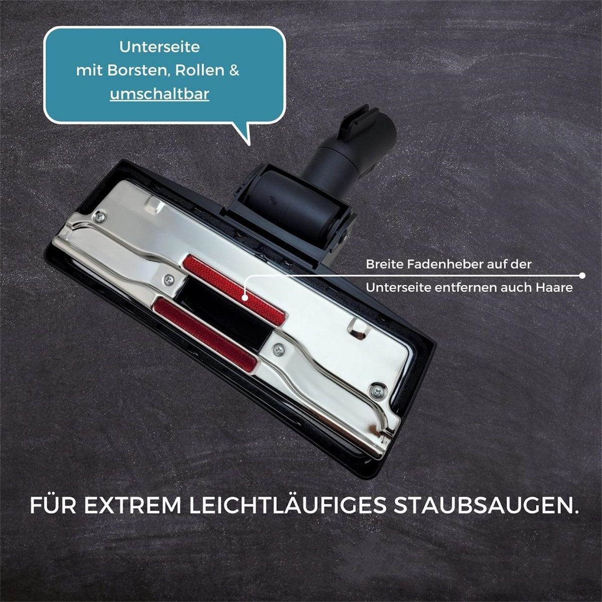 Staubsaugerkopf mit Text über Bürsten und Haarentfernung.