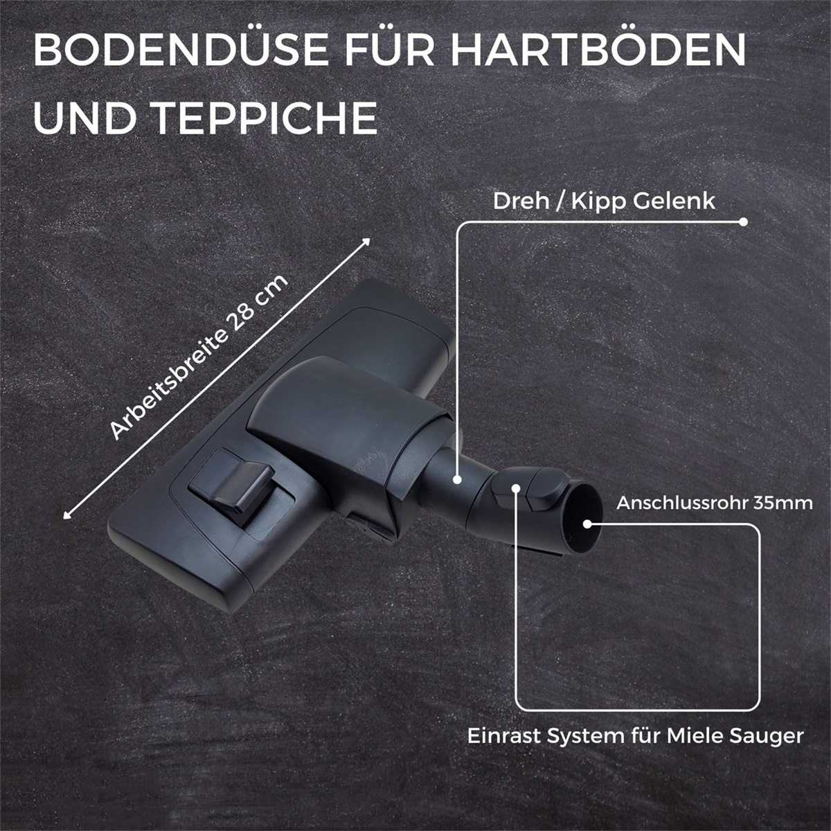 Staubsaugerkopf auf dunklem Hintergrund mit Text. Details des Kopfes sind gezeigt.