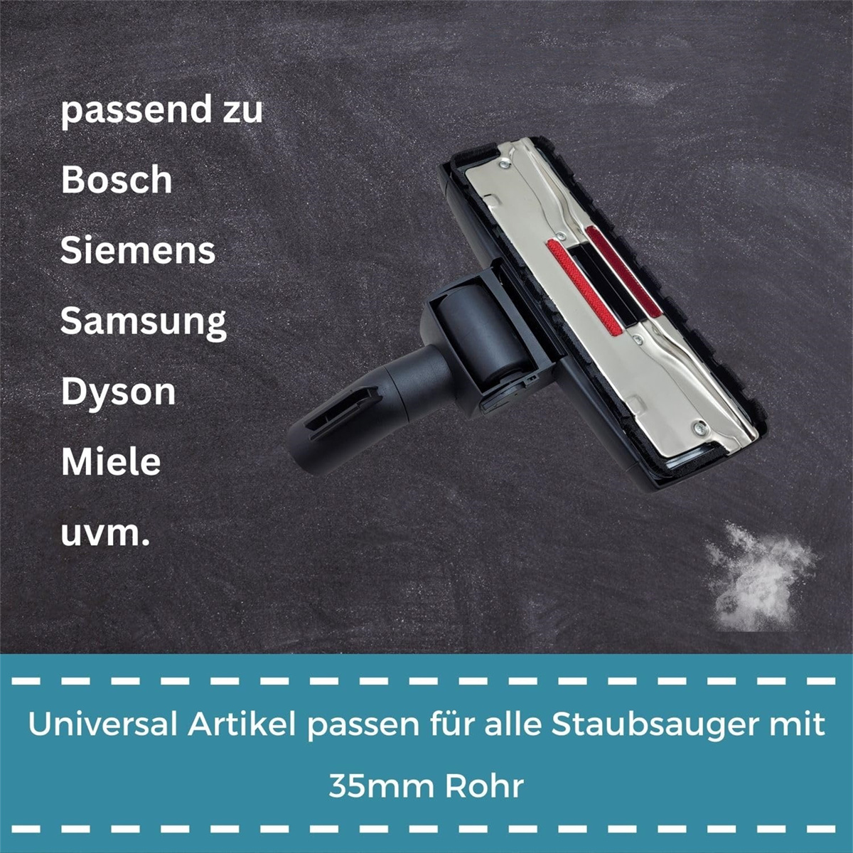 Staubsaugerkopf mit Text, der Marken auflistet: Bosch, Siemens, Samsung, Dyson, Miele usw. auf einer Tafel.